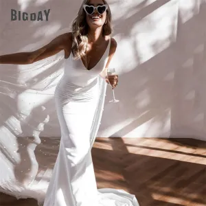 Wedding Dresses Women Open Back V-Neck Spaghetti Straps Satin