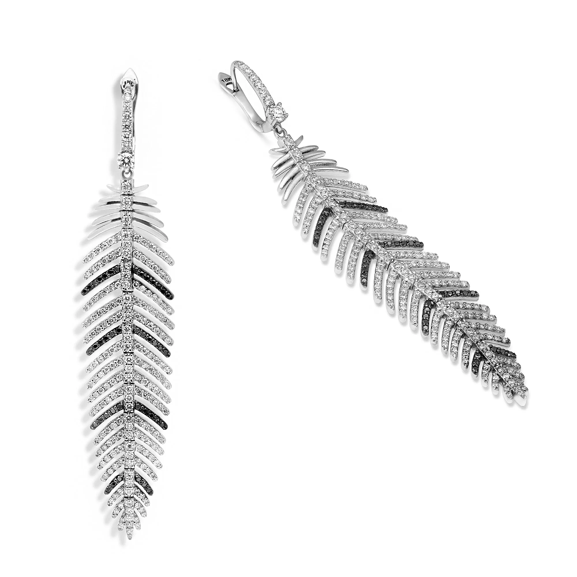 White and Black Diamond Feather Dangling Earrings - 3.9 Carat