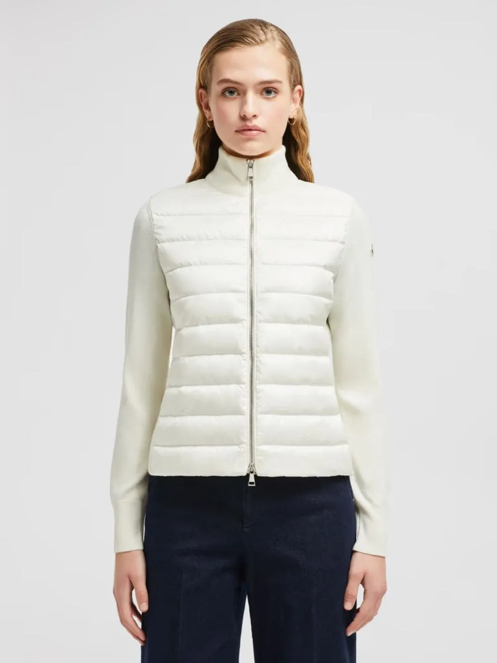 White Padded Wool Zip-Up Cardigan