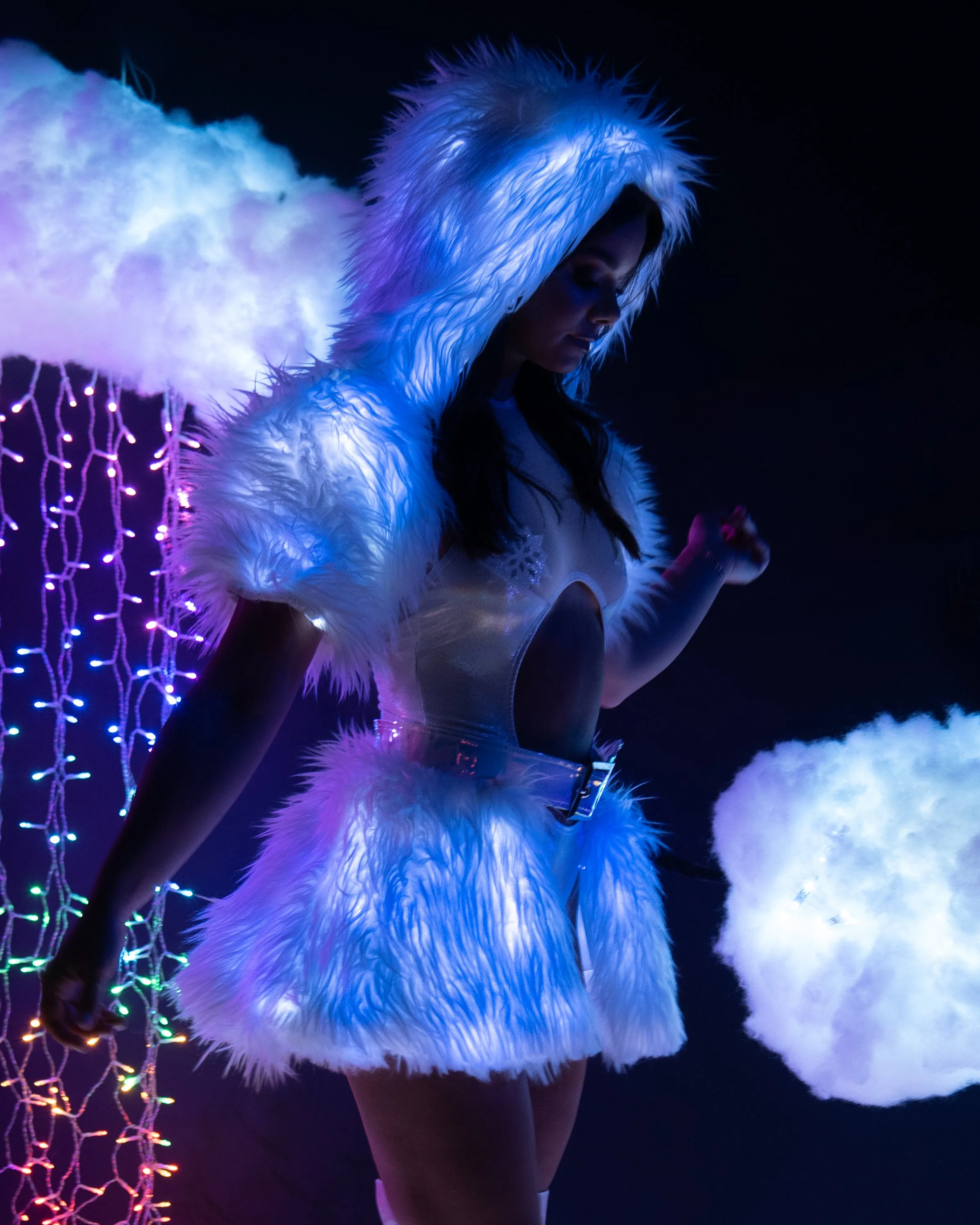 White/Blue LED White Fur Belted Skirt