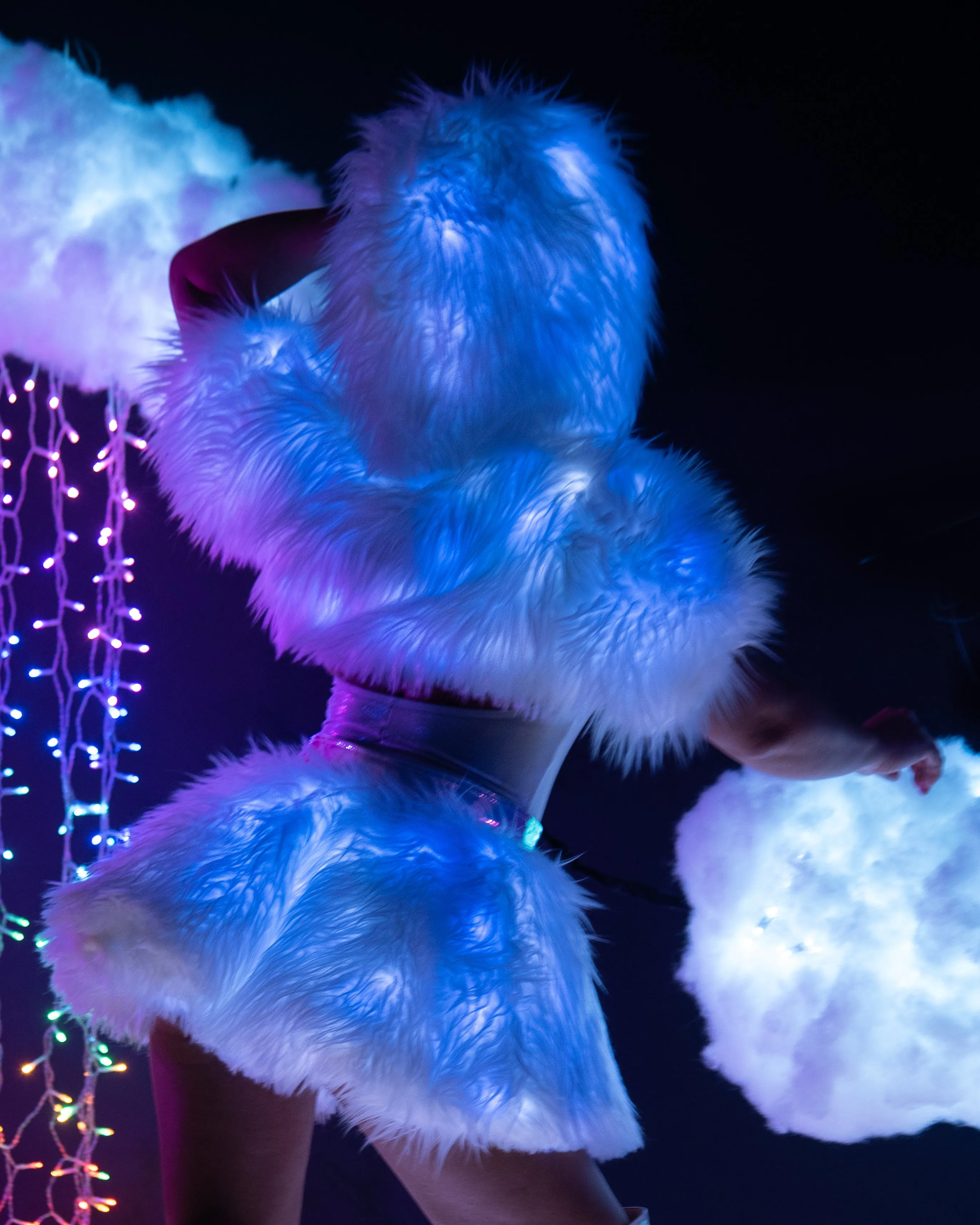 White/Blue LED White Fur Belted Skirt