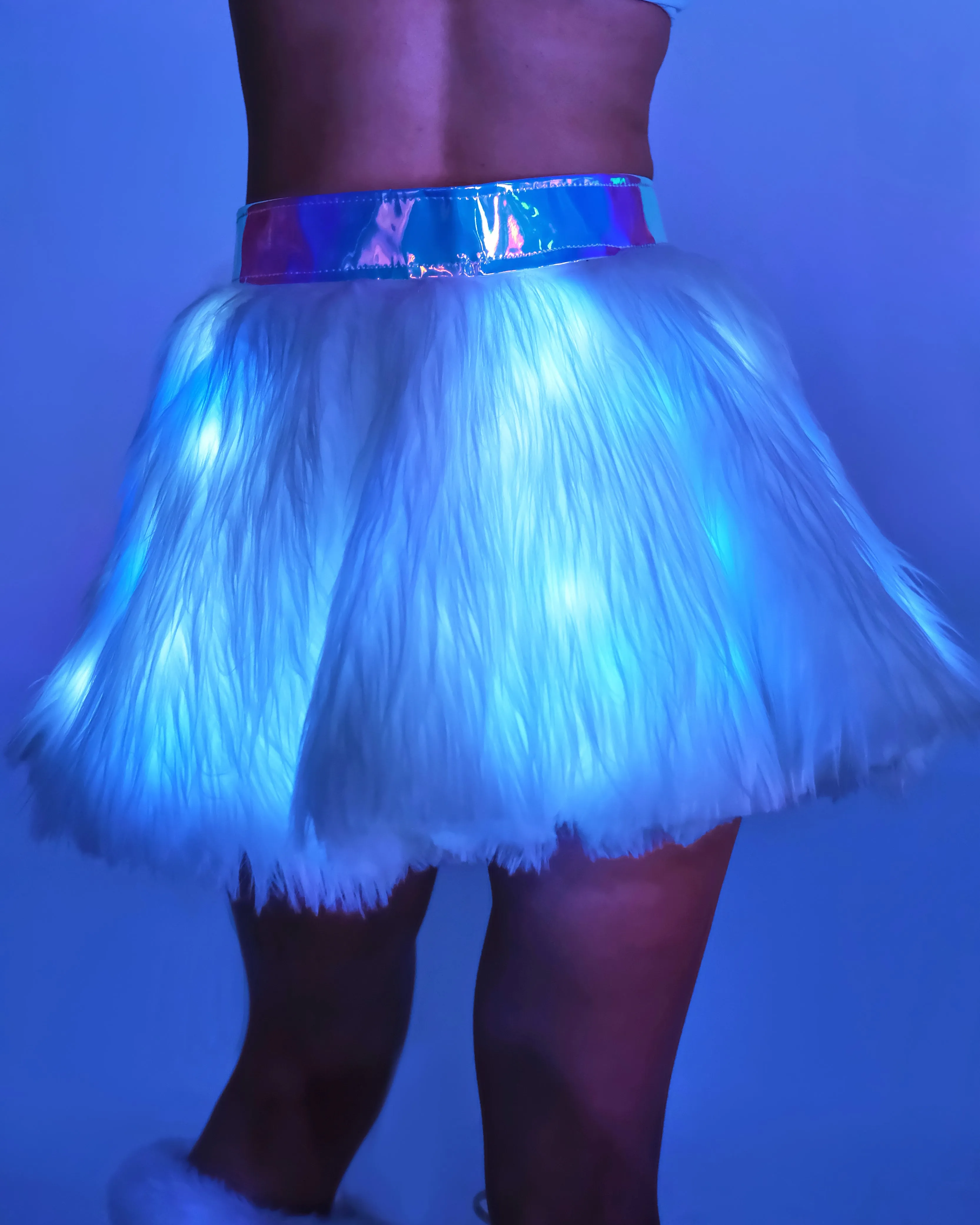 White/Blue LED White Fur Belted Skirt