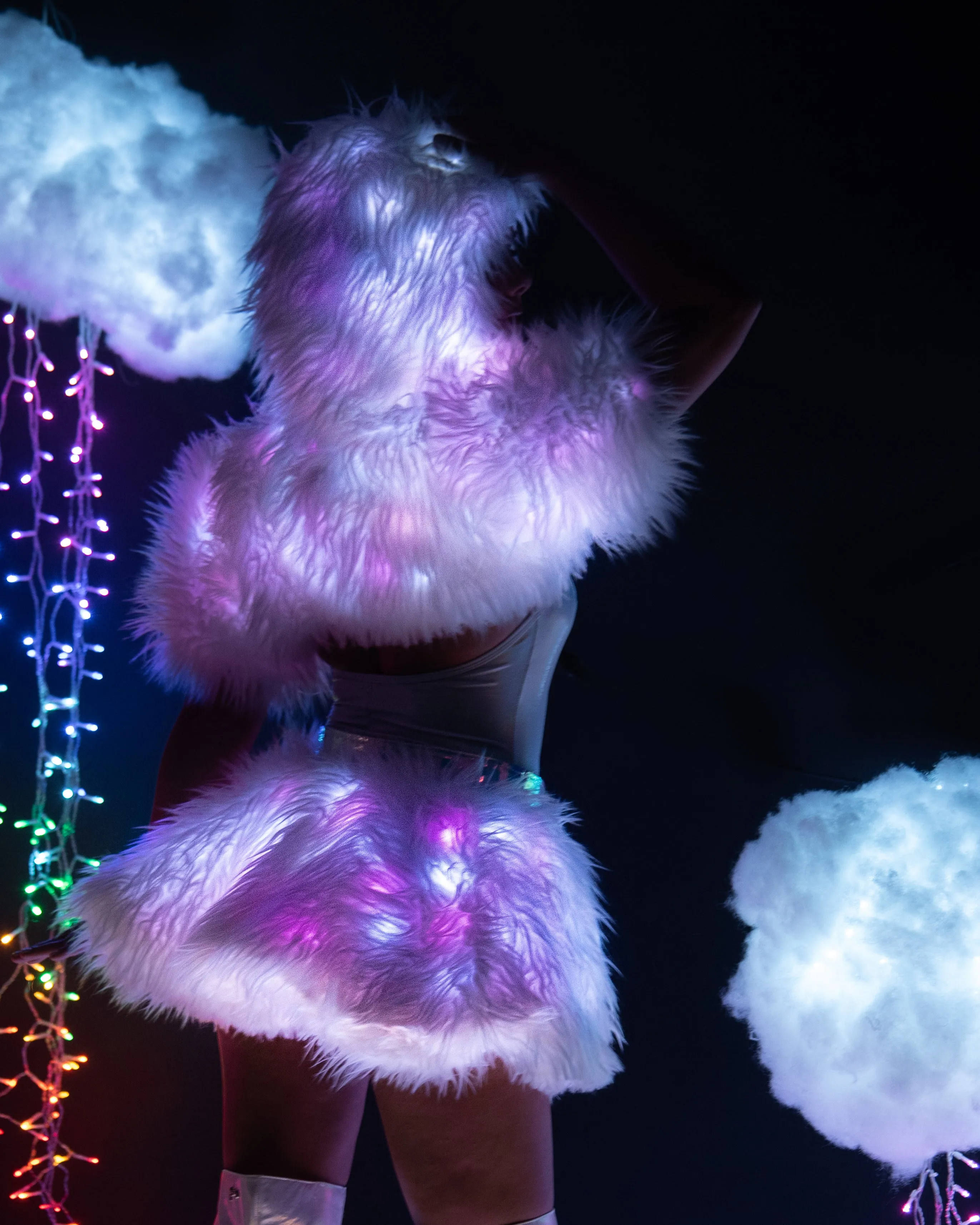 White/Pink LED White Fur Belted Skirt