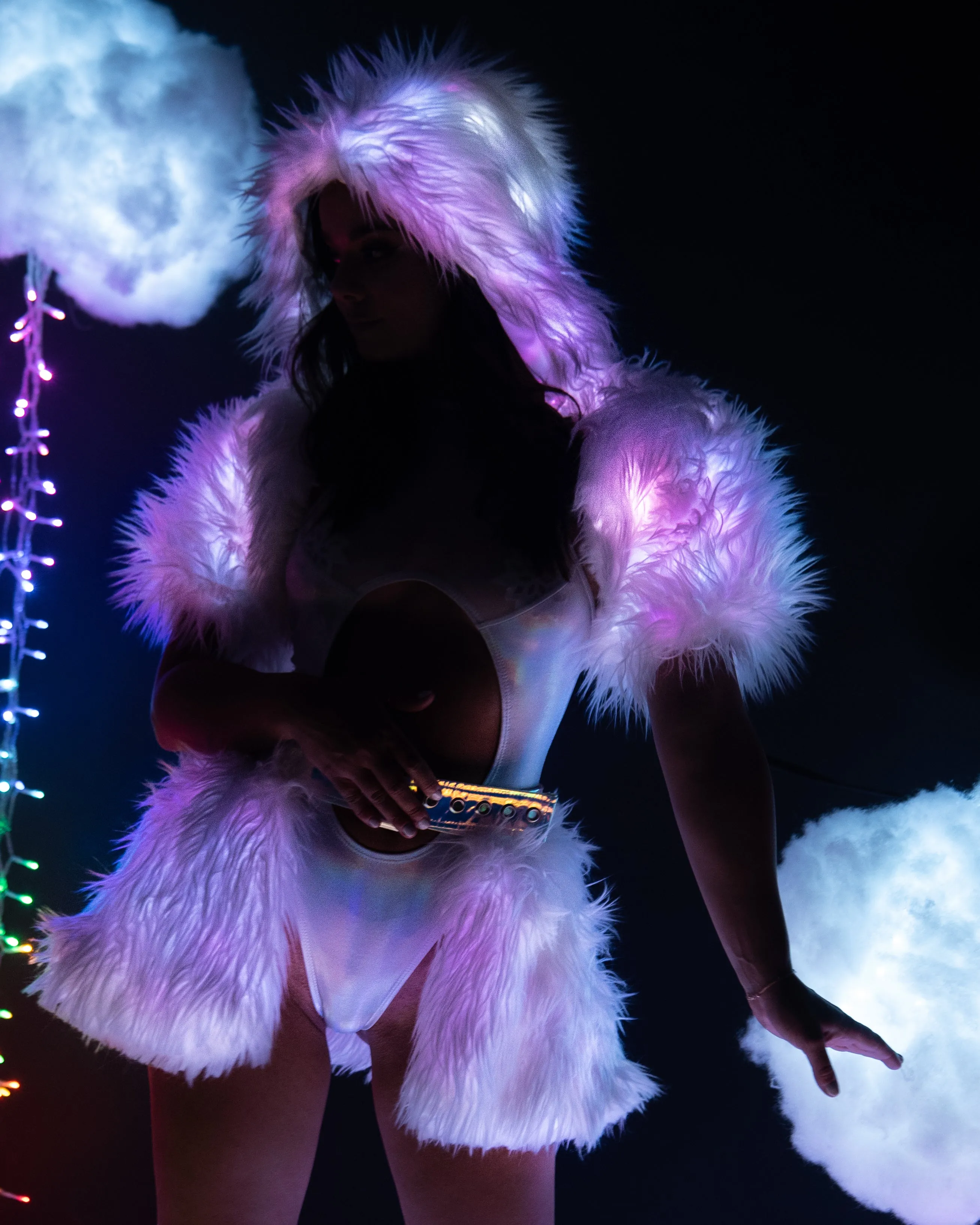 White/Pink LED White Fur Belted Skirt