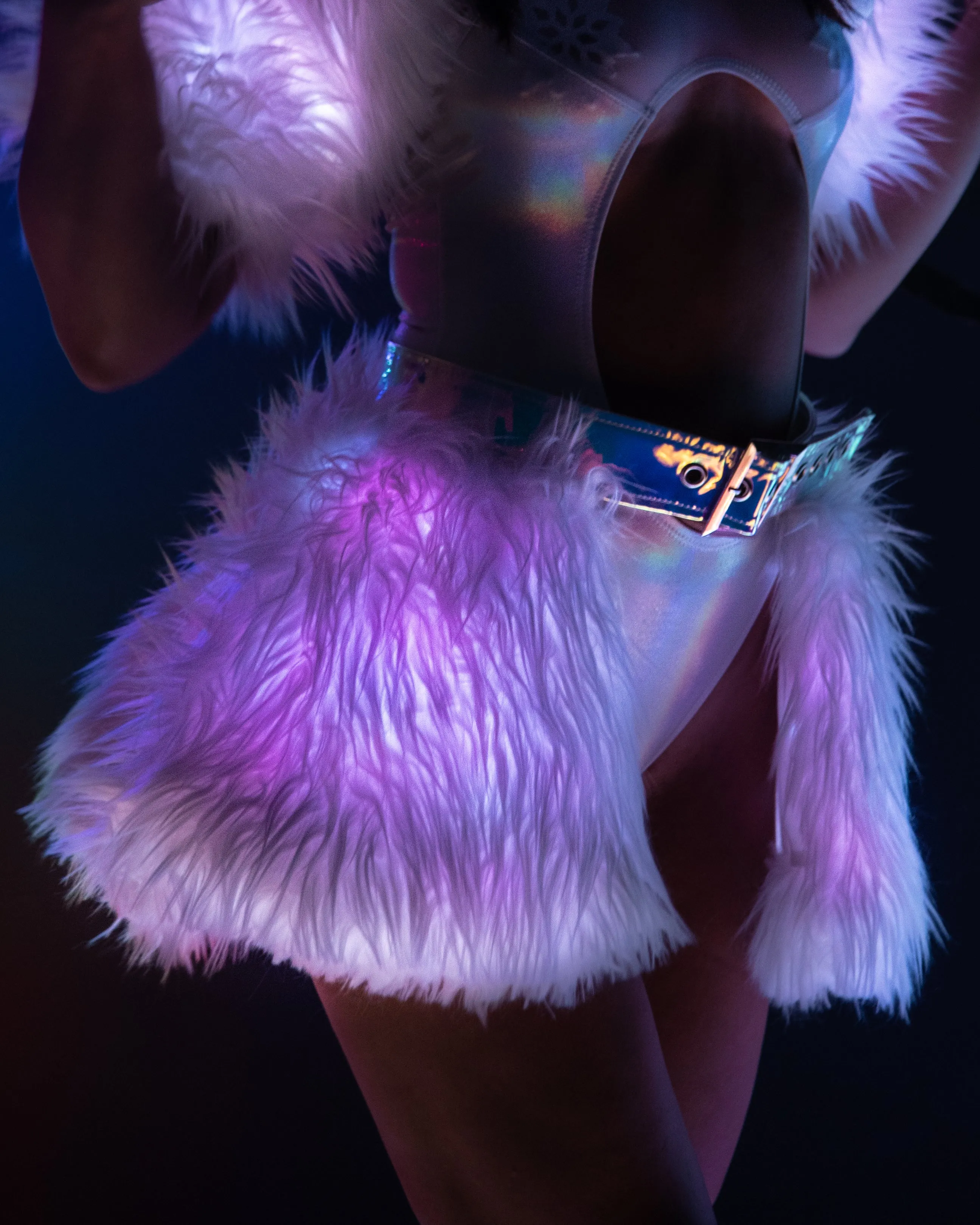 White/Pink LED White Fur Belted Skirt