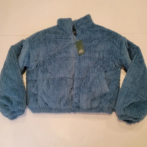Wild Fable Faux Fur Corduroy Puffer Jacket Soft Feather Fluff Crop Turquois NWT!