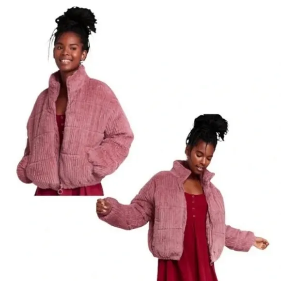 Wild Fable Faux Fur Corduroy Puffer Jacket Soft Feather Fluff Crop Turquois NWT!
