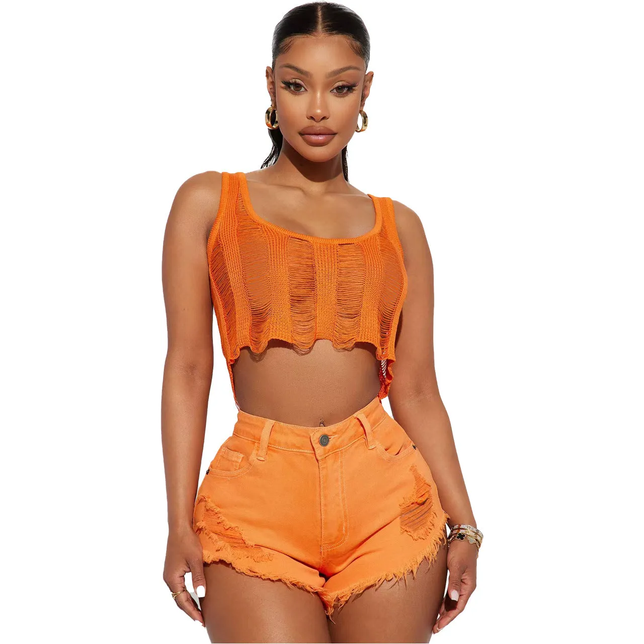 Women Casual Ripped Burr Denim Shorts