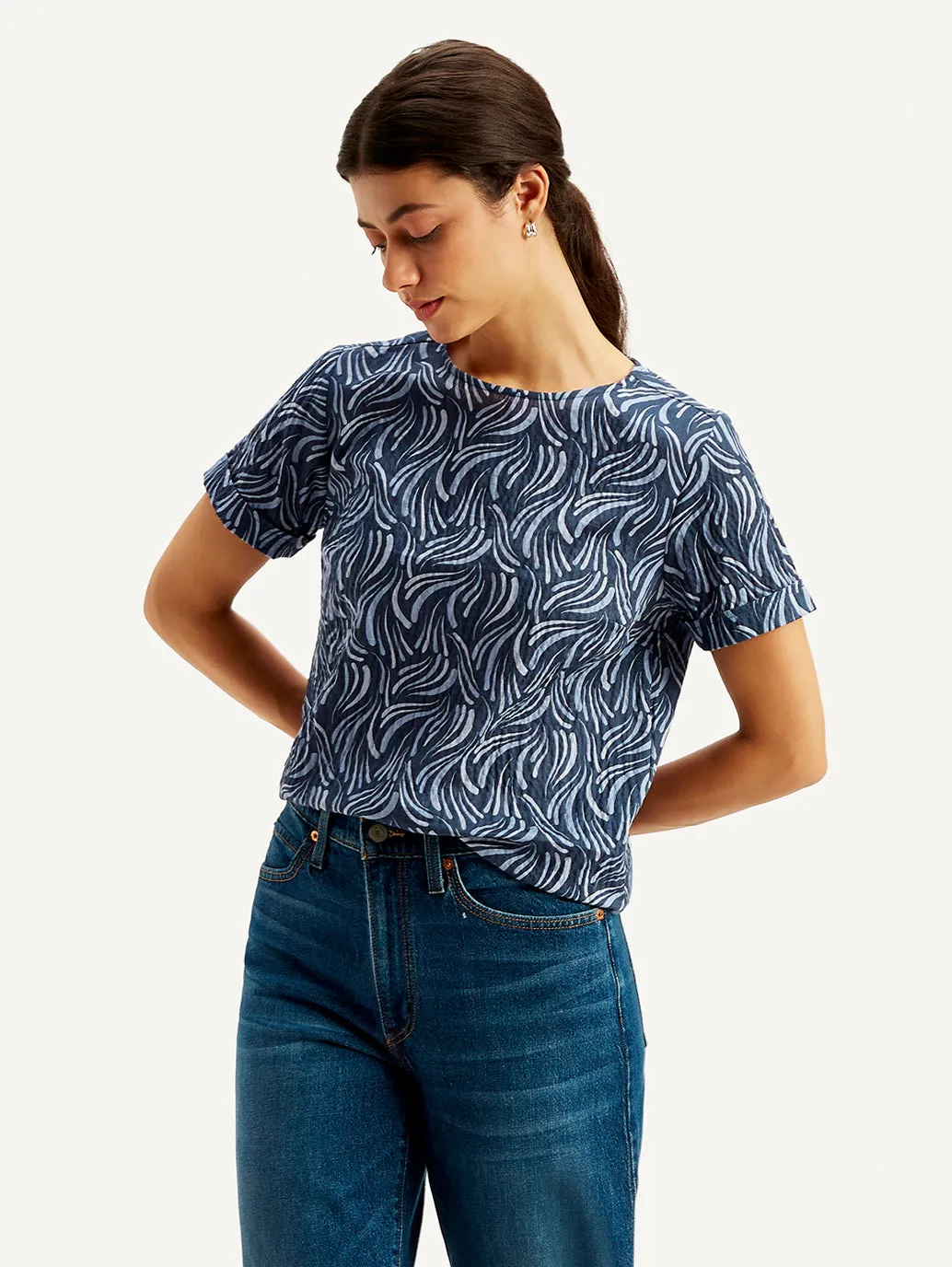 Women's Abstract Print Navy Blue Round Neck Top