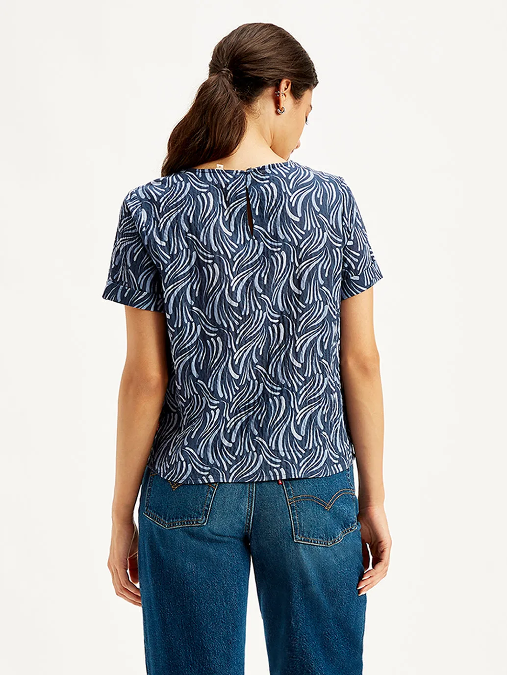 Women's Abstract Print Navy Blue Round Neck Top