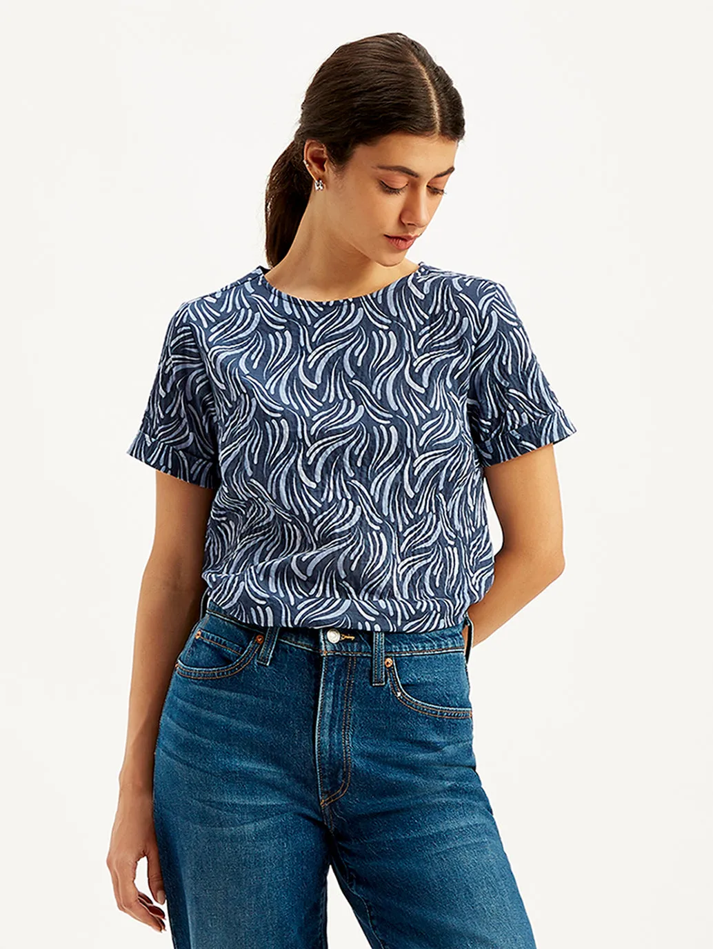 Women's Abstract Print Navy Blue Round Neck Top