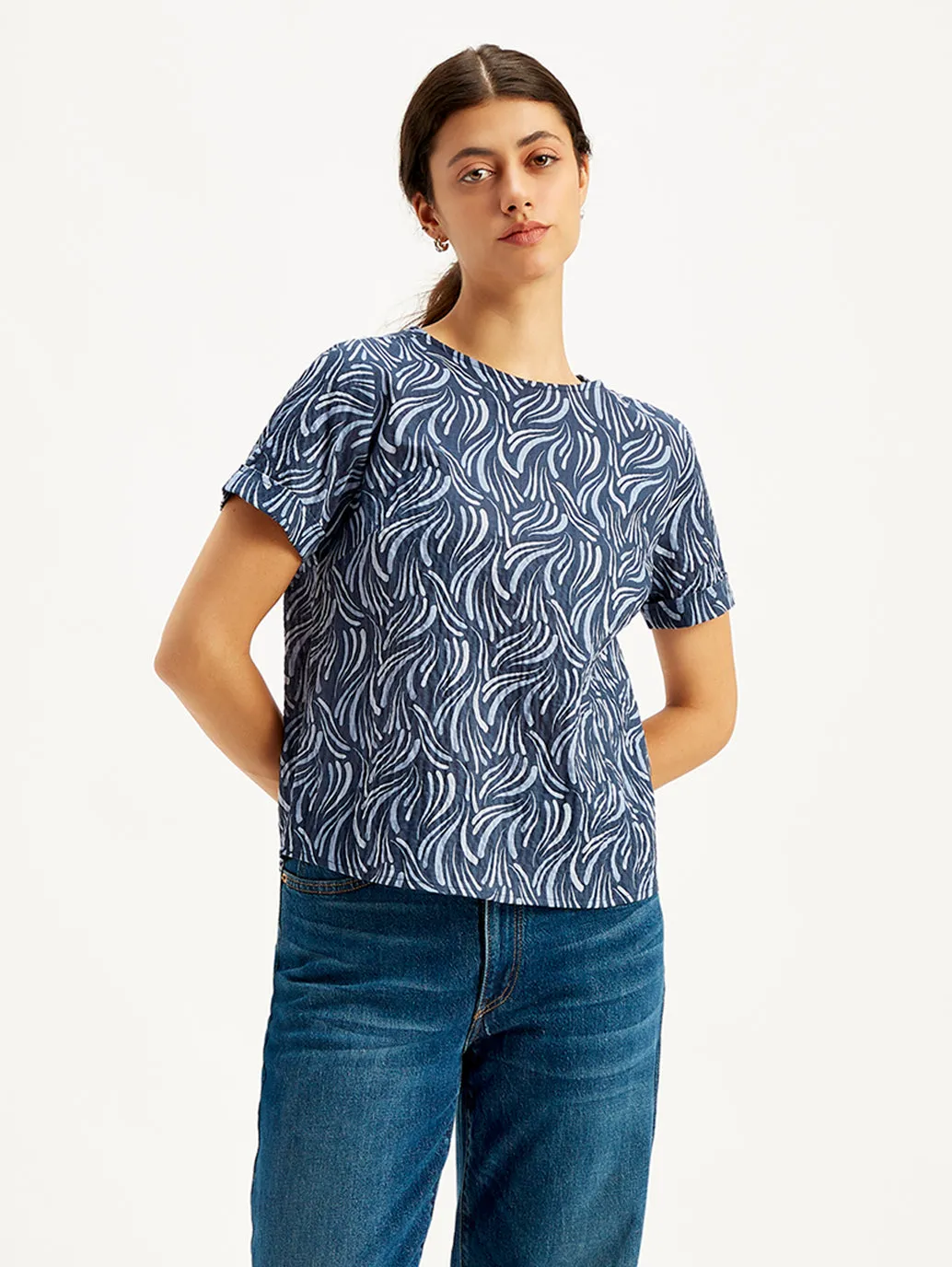 Women's Abstract Print Navy Blue Round Neck Top