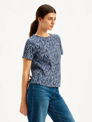 Women's Abstract Print Navy Blue Round Neck Top