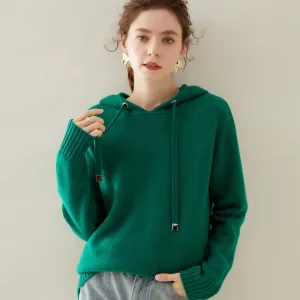Womens Cashmere Knit Hoodie Ribbed Cuffs Adjustable Drawstrings Hoody