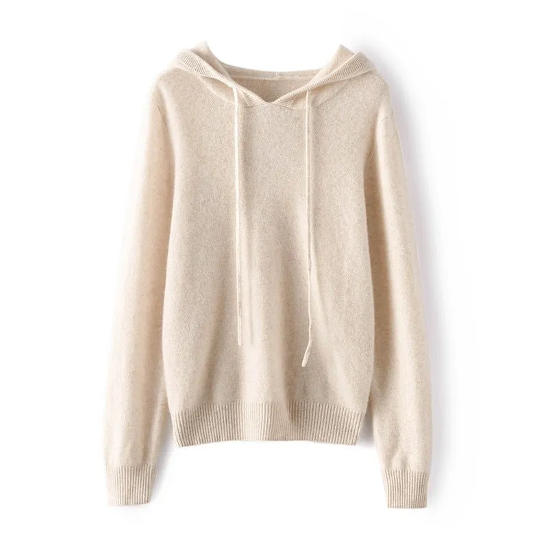 Womens Cashmere Pullover Hoodie Ribbed Trim Long Sleeve Cashmere Hoody