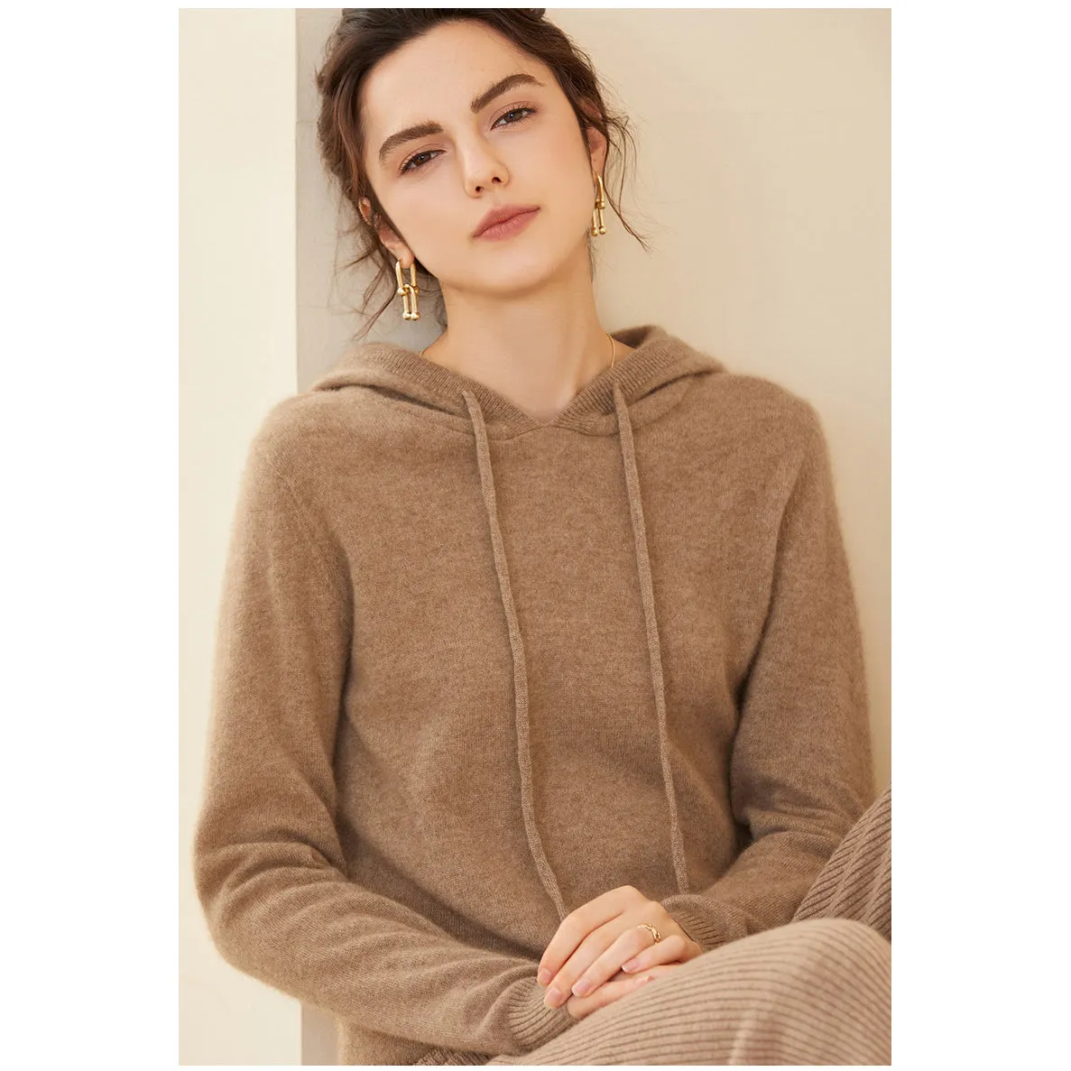 Womens Cashmere Pullover Hoodie Ribbed Trim Long Sleeve Cashmere Hoody