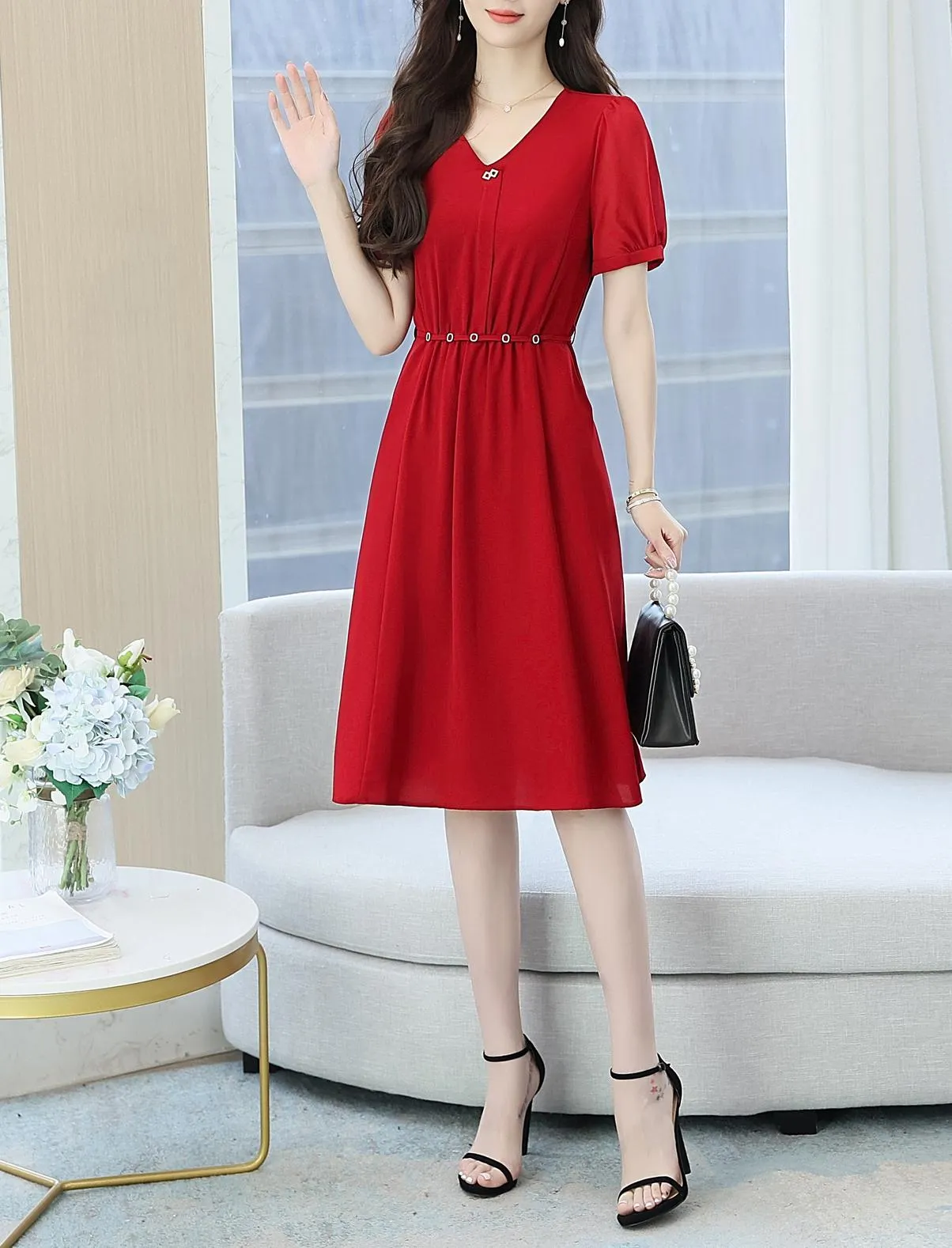 Women's Chic Solid Jersey Dress to Hide Belly and Enhance Waist