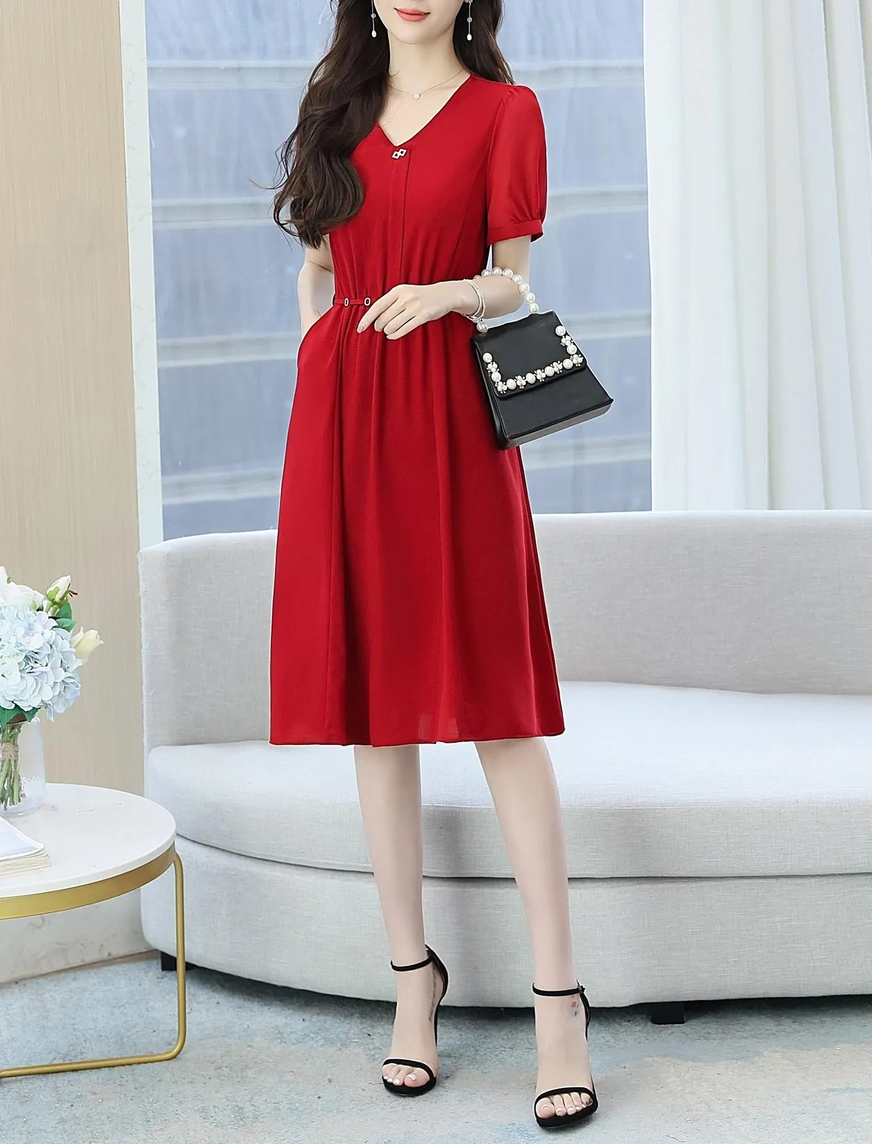 Women's Chic Solid Jersey Dress to Hide Belly and Enhance Waist