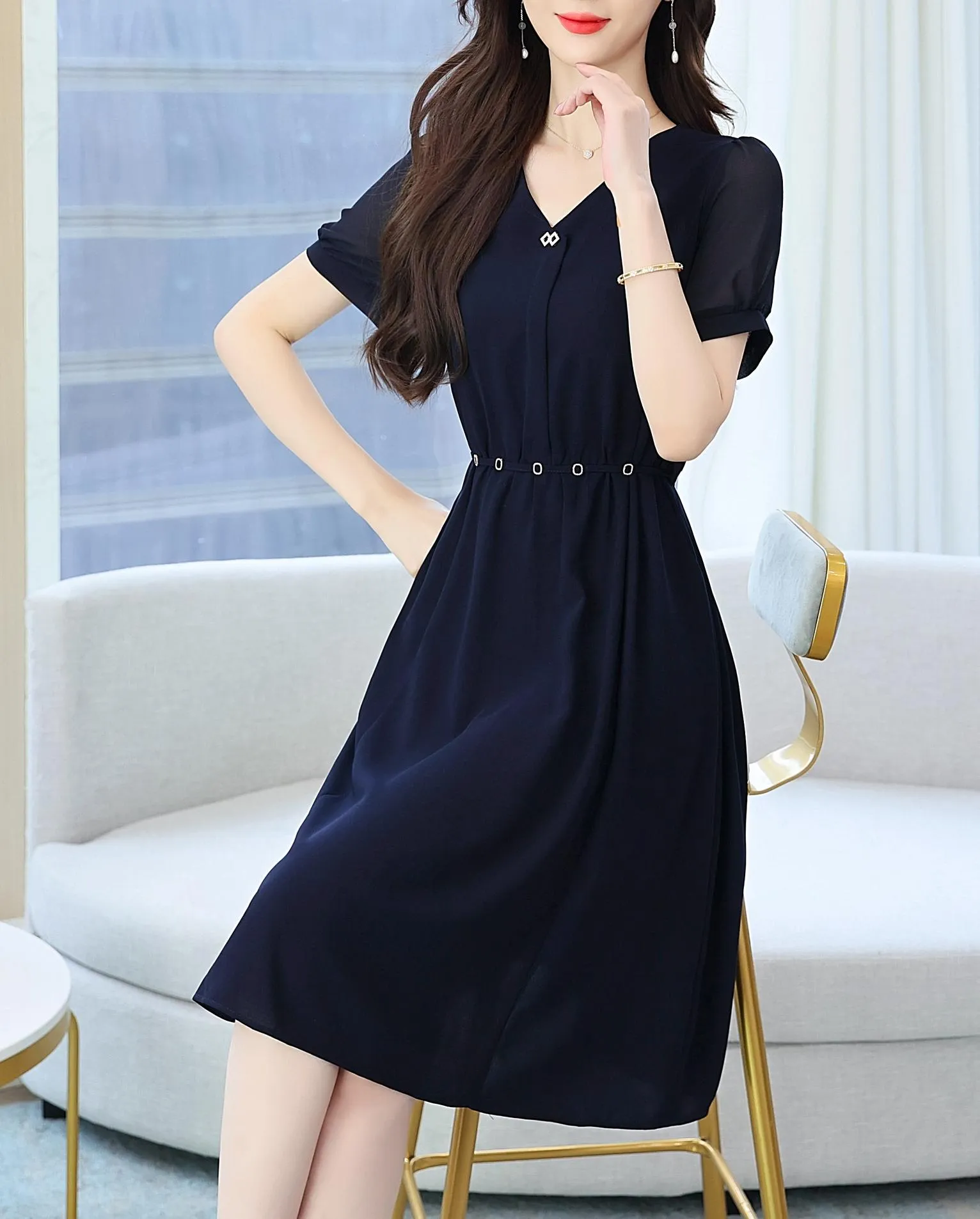 Women's Chic Solid Jersey Dress to Hide Belly and Enhance Waist