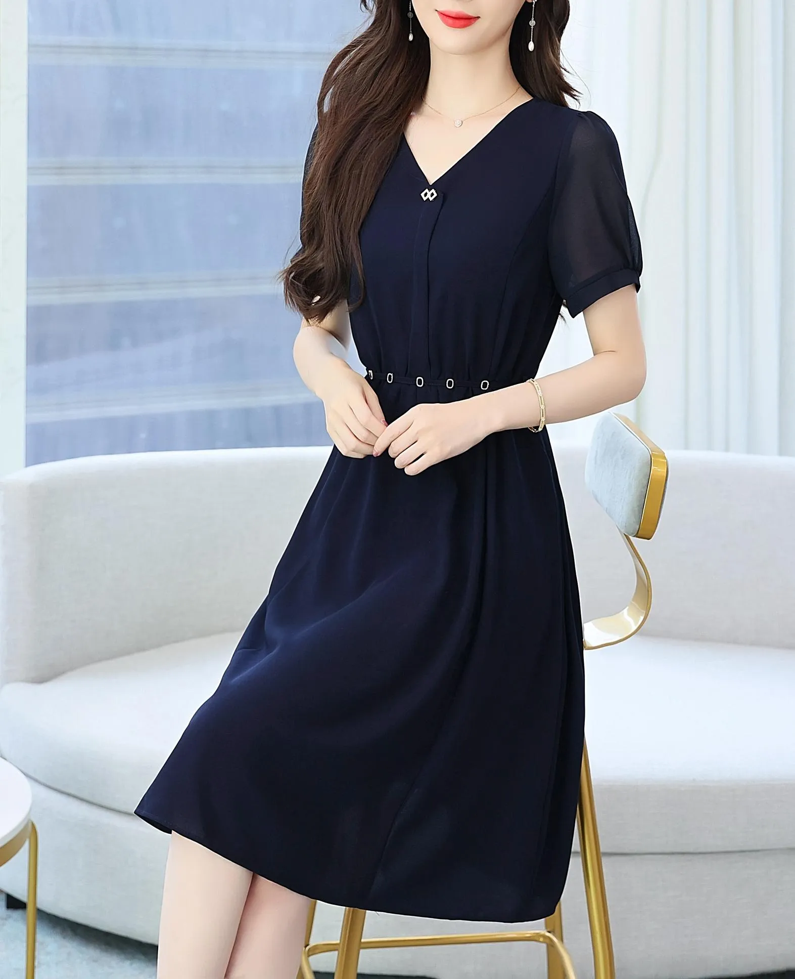 Women's Chic Solid Jersey Dress to Hide Belly and Enhance Waist