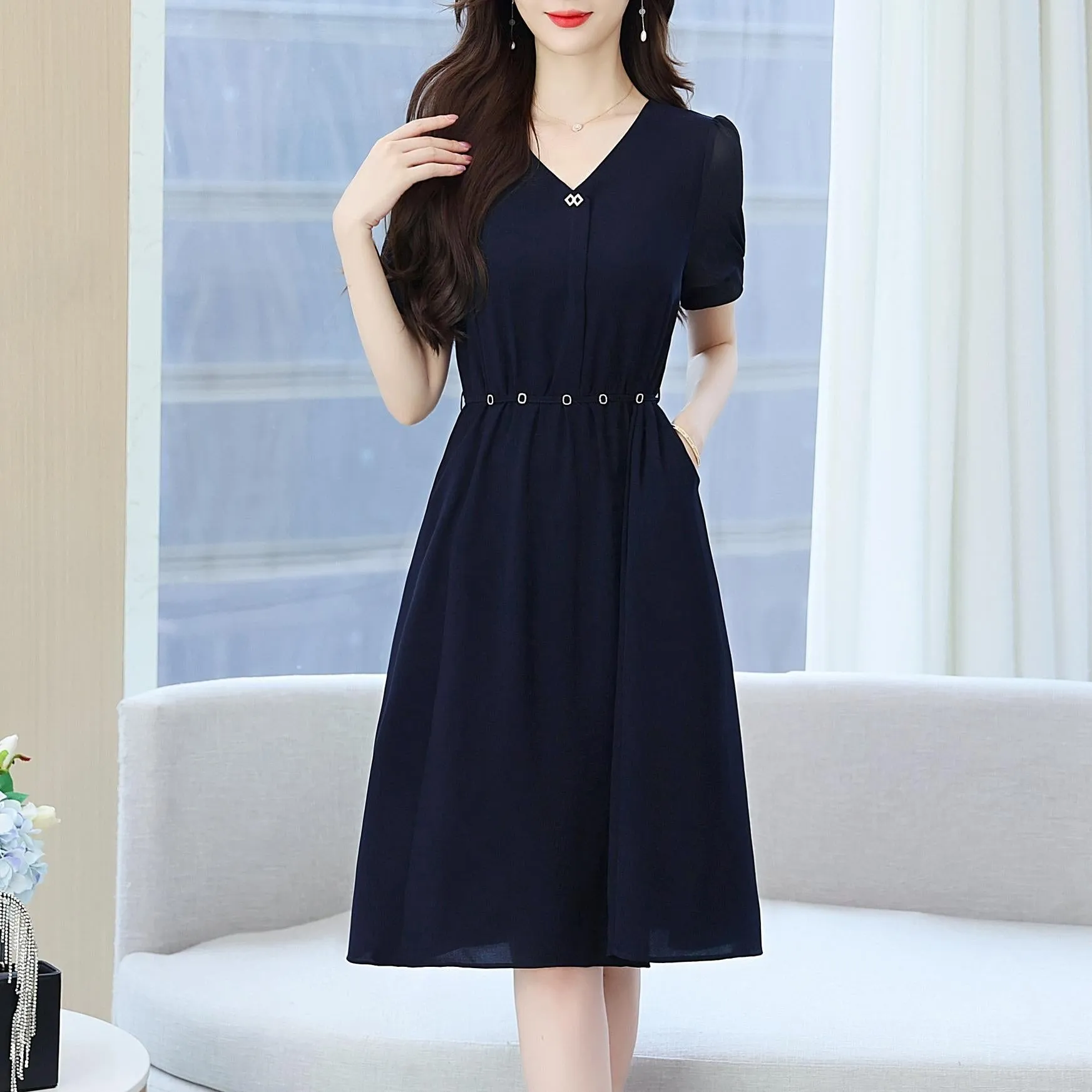 Women's Chic Solid Jersey Dress to Hide Belly and Enhance Waist