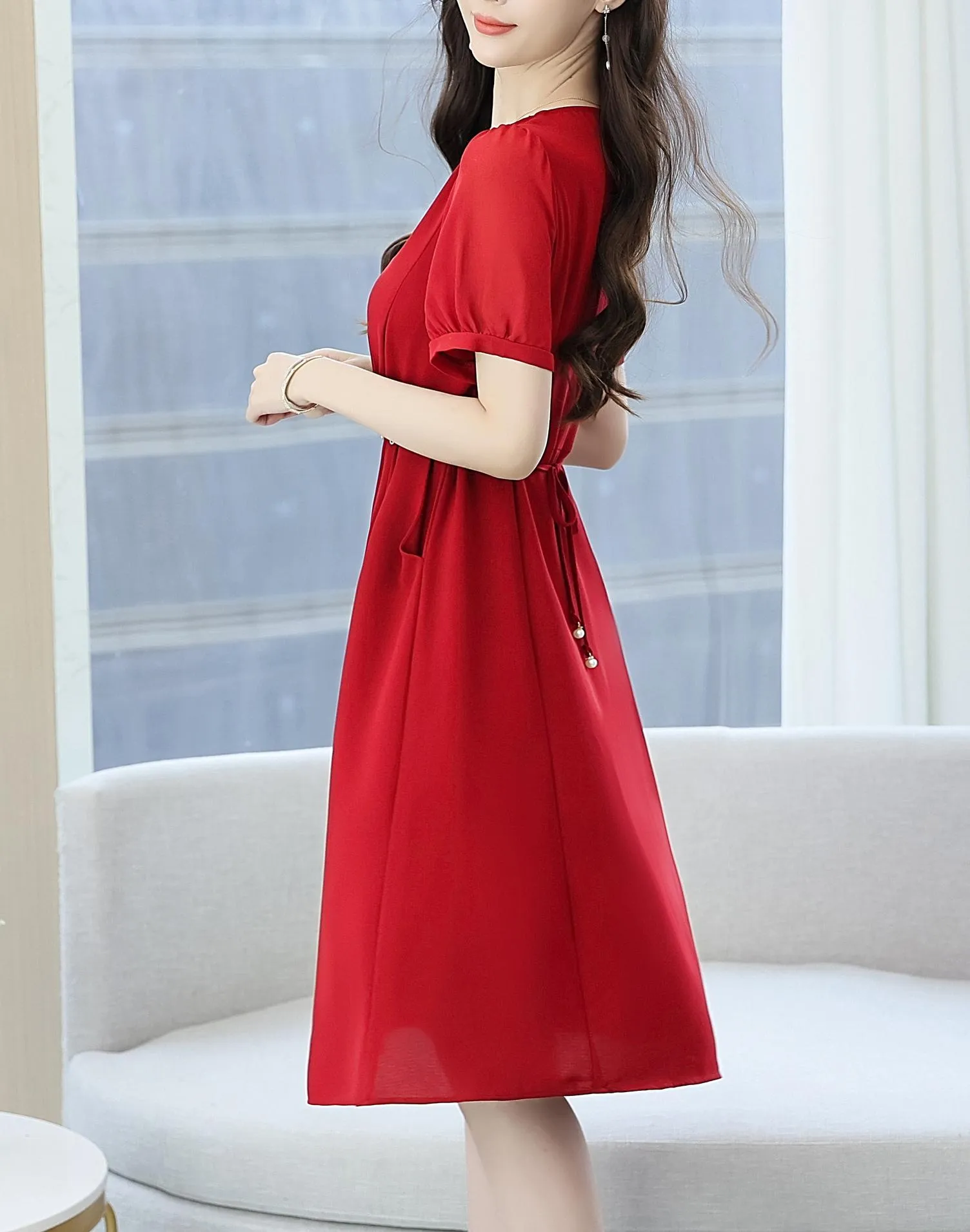 Women's Chic Solid Jersey Dress to Hide Belly and Enhance Waist