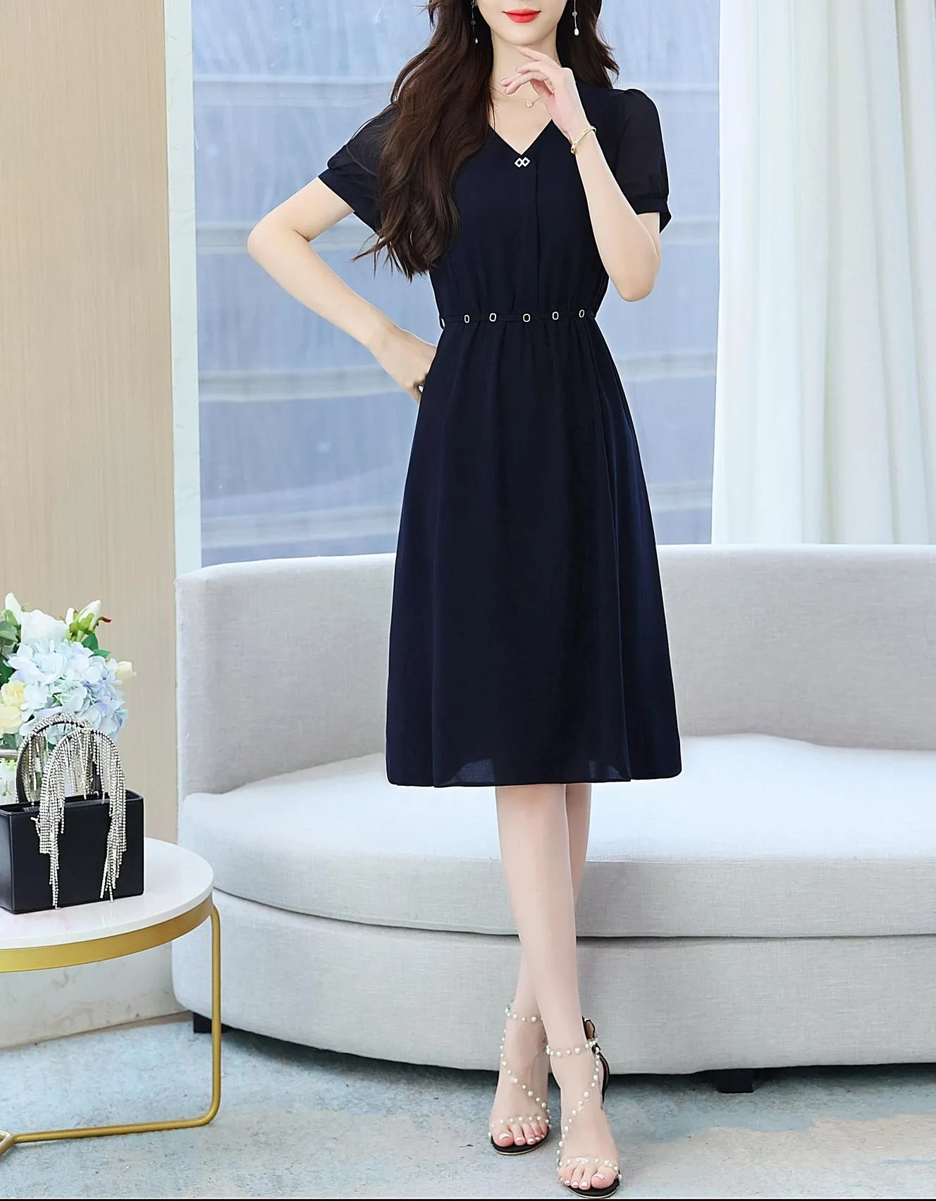 Women's Chic Solid Jersey Dress to Hide Belly and Enhance Waist