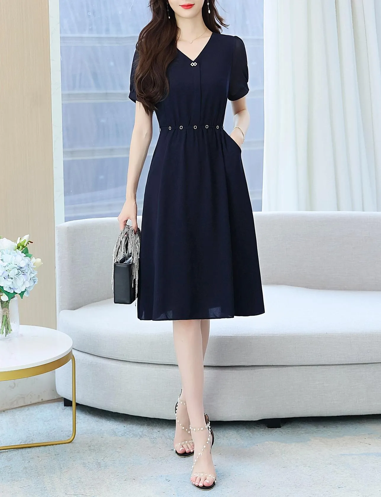 Women's Chic Solid Jersey Dress to Hide Belly and Enhance Waist