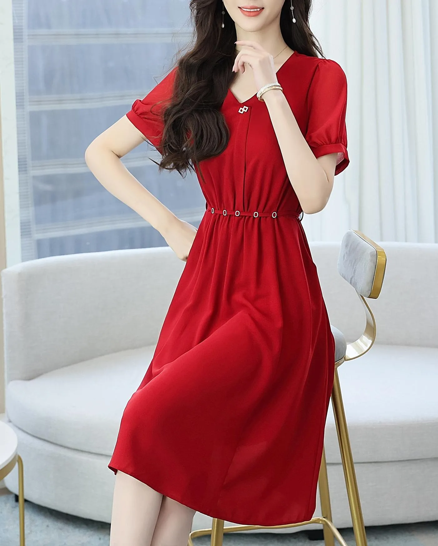 Women's Chic Solid Jersey Dress to Hide Belly and Enhance Waist