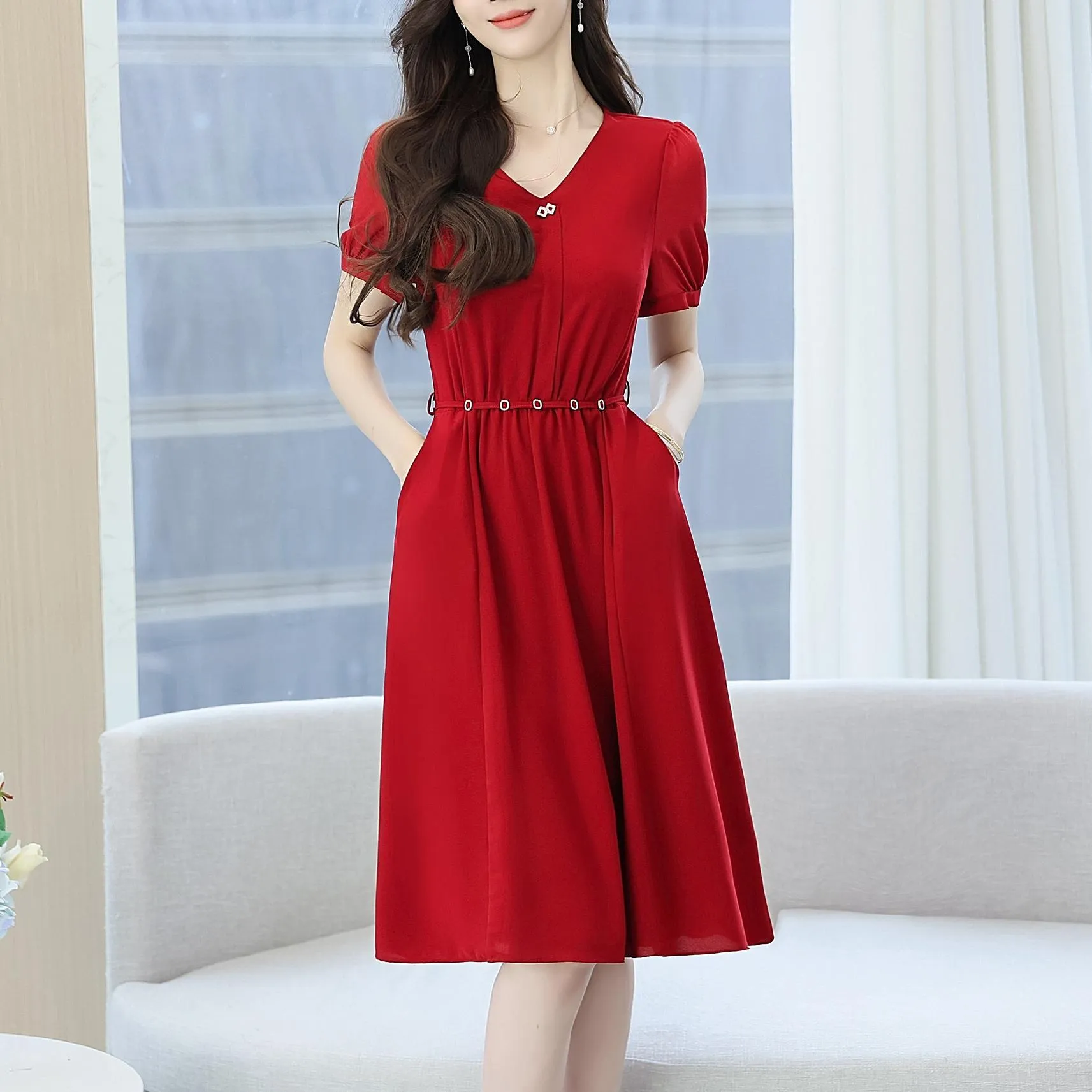 Women's Chic Solid Jersey Dress to Hide Belly and Enhance Waist
