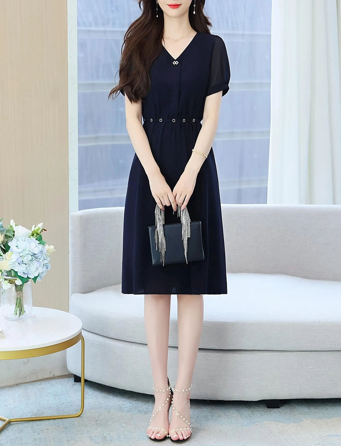 Women's Chic Solid Jersey Dress to Hide Belly and Enhance Waist