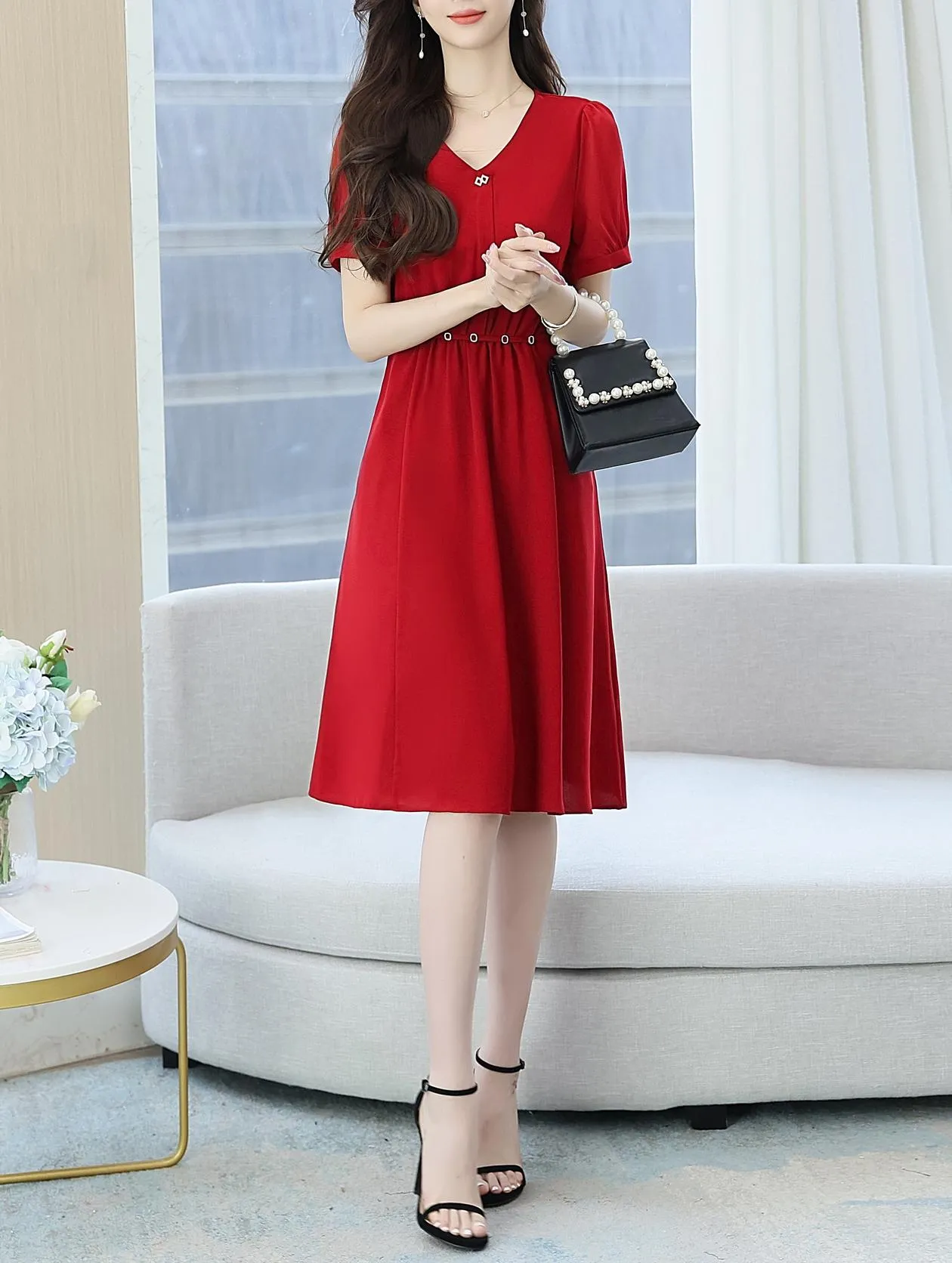 Women's Chic Solid Jersey Dress to Hide Belly and Enhance Waist