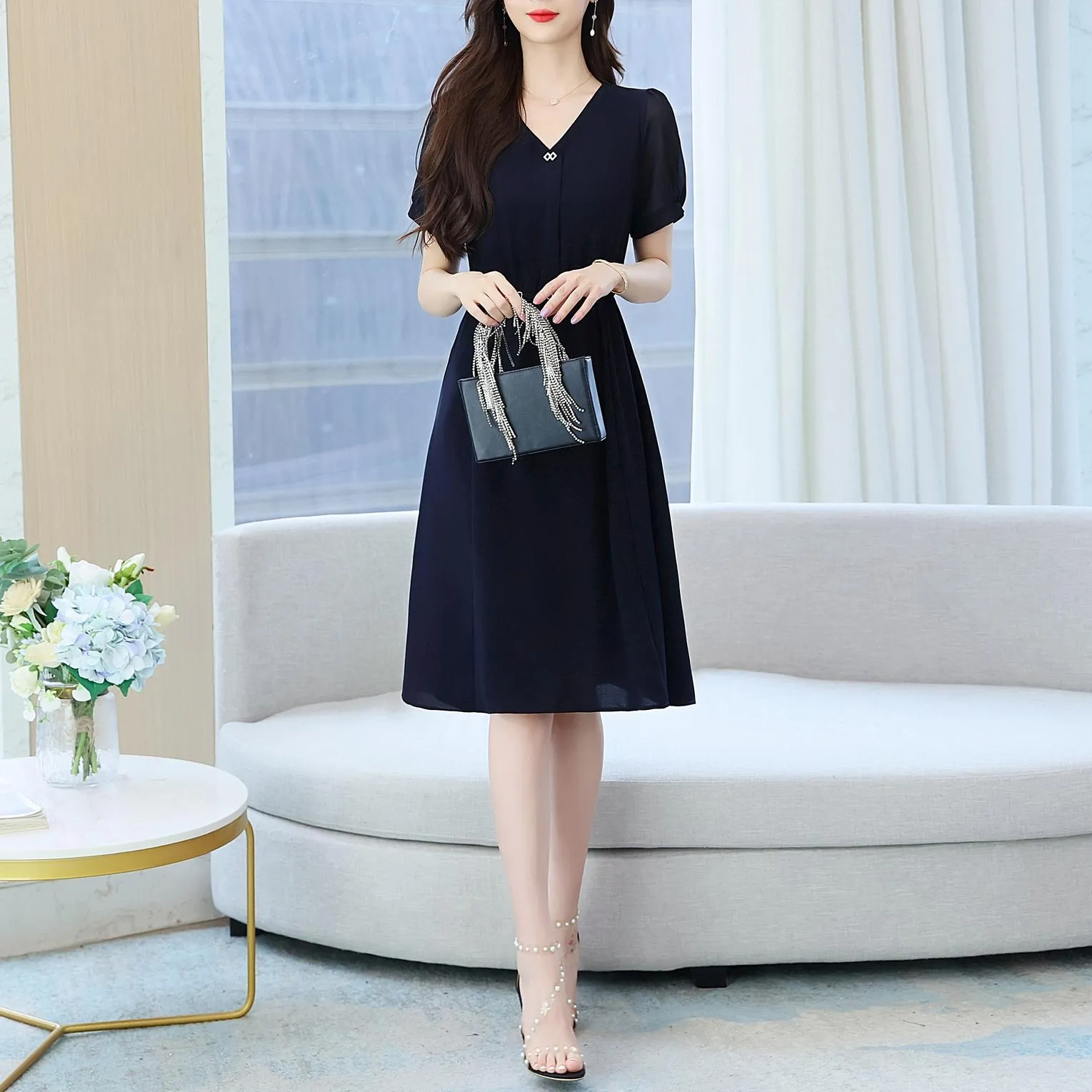 Women's Chic Solid Jersey Dress to Hide Belly and Enhance Waist