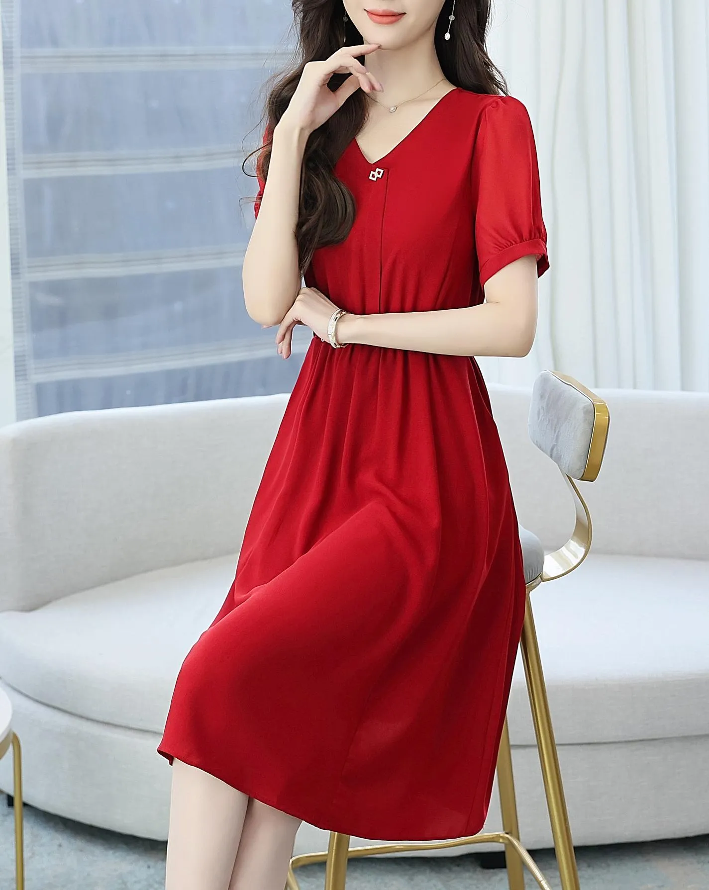 Women's Chic Solid Jersey Dress to Hide Belly and Enhance Waist