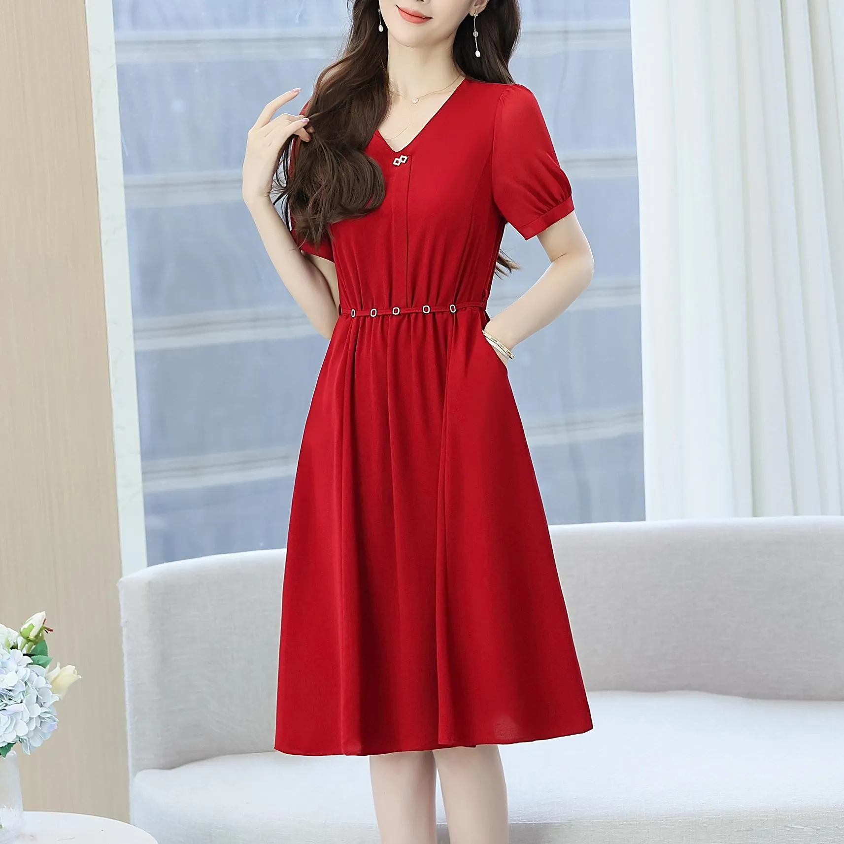 Women's Chic Solid Jersey Dress to Hide Belly and Enhance Waist