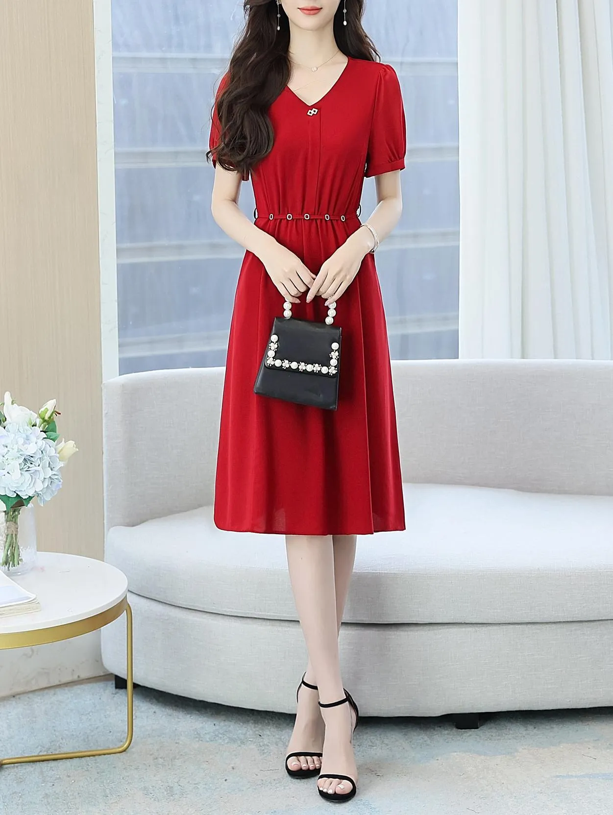 Women's Chic Solid Jersey Dress to Hide Belly and Enhance Waist