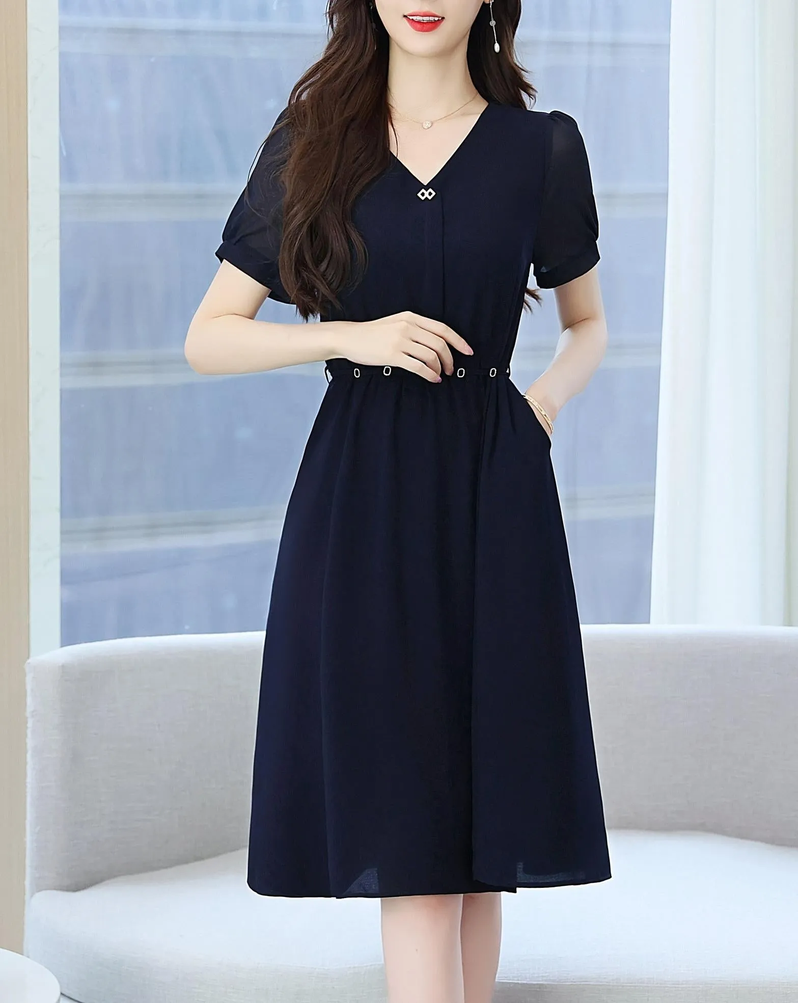 Women's Chic Solid Jersey Dress to Hide Belly and Enhance Waist