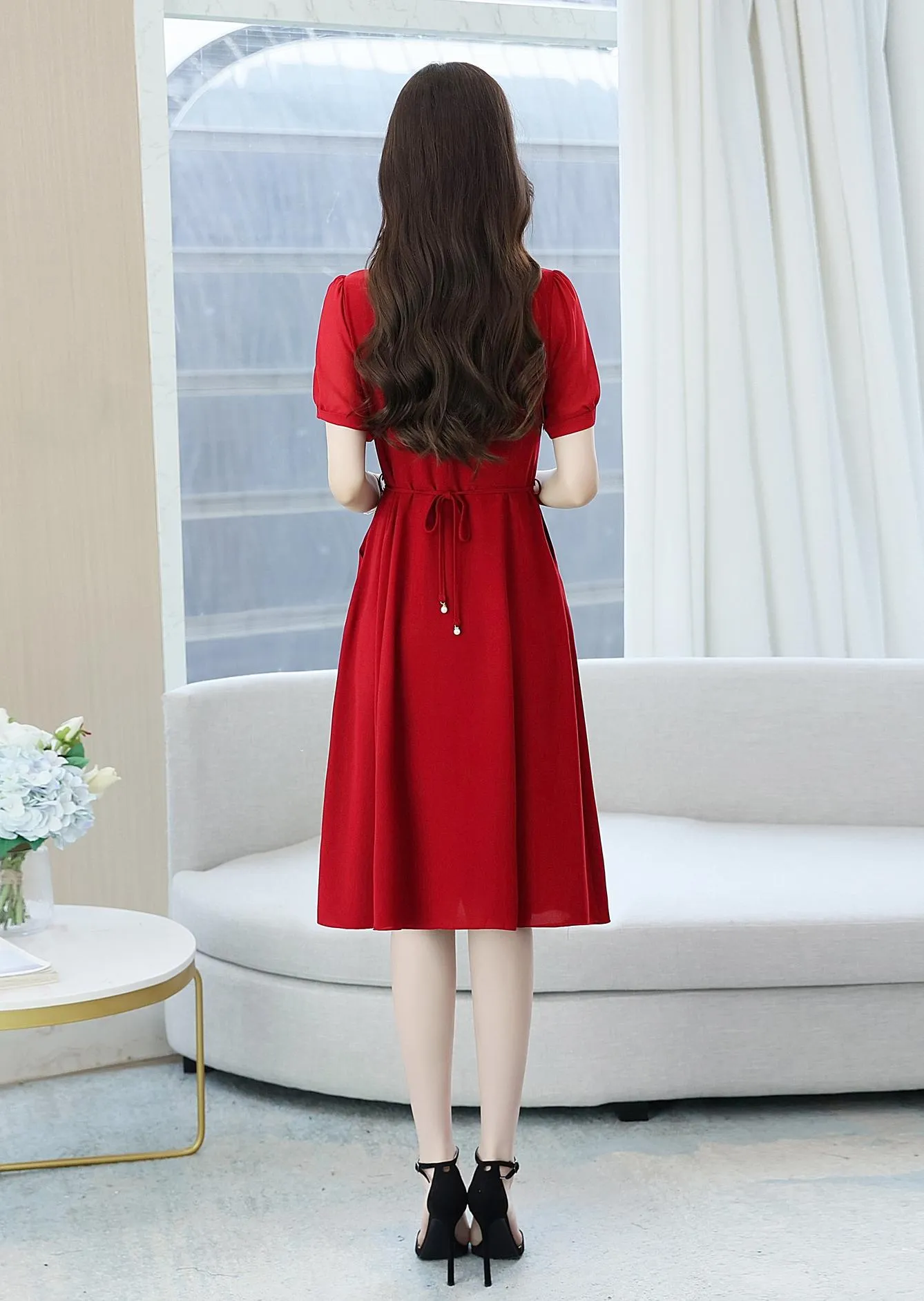 Women's Chic Solid Jersey Dress to Hide Belly and Enhance Waist