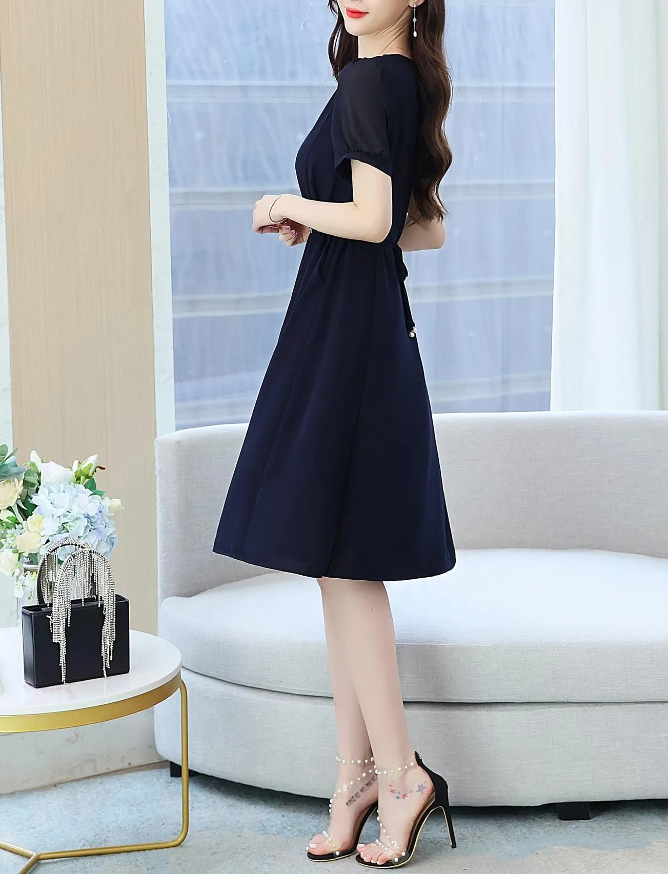 Women's Chic Solid Jersey Dress to Hide Belly and Enhance Waist