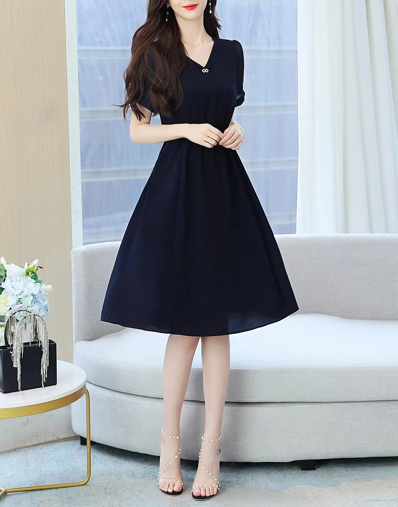 Women's Chic Solid Jersey Dress to Hide Belly and Enhance Waist