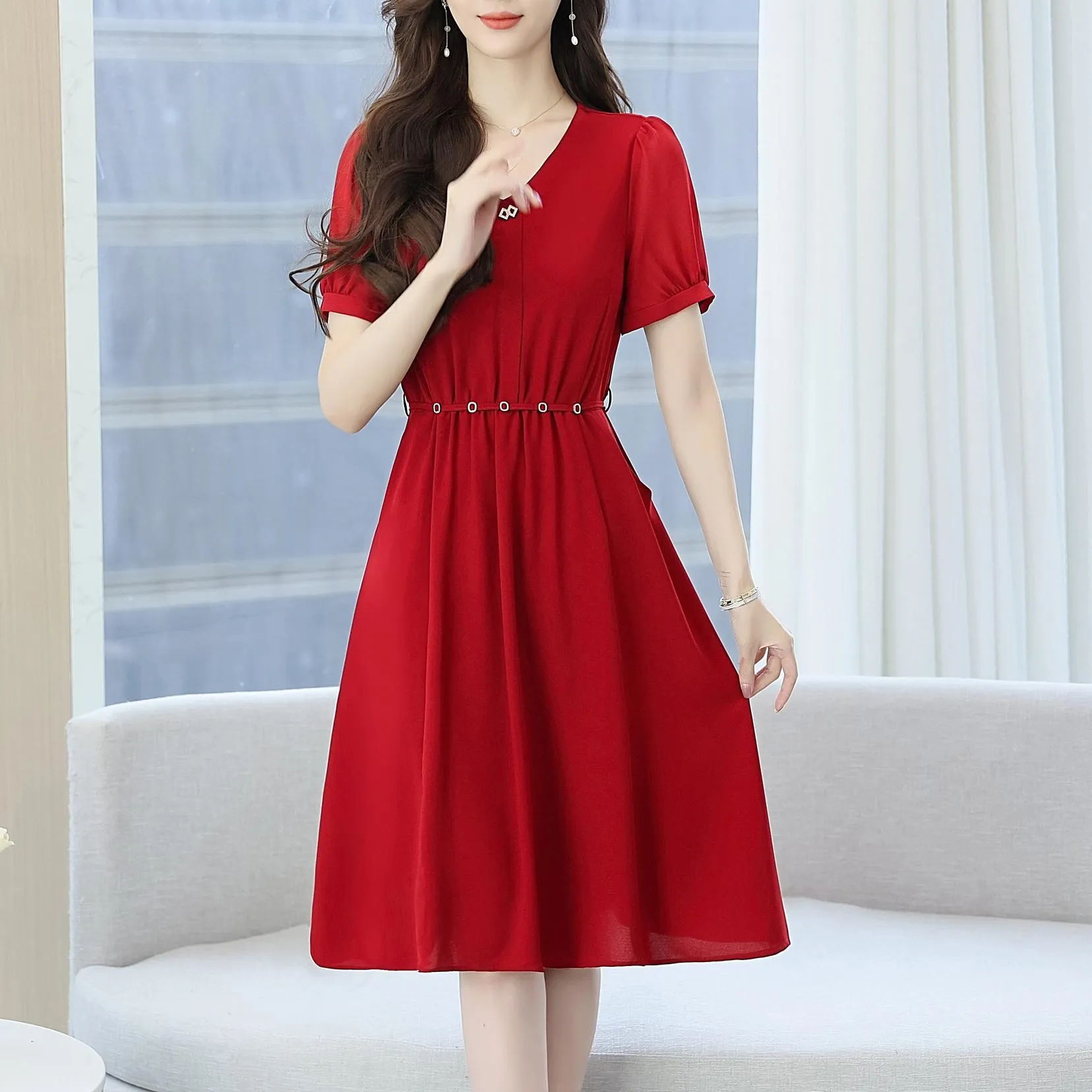 Women's Chic Solid Jersey Dress to Hide Belly and Enhance Waist