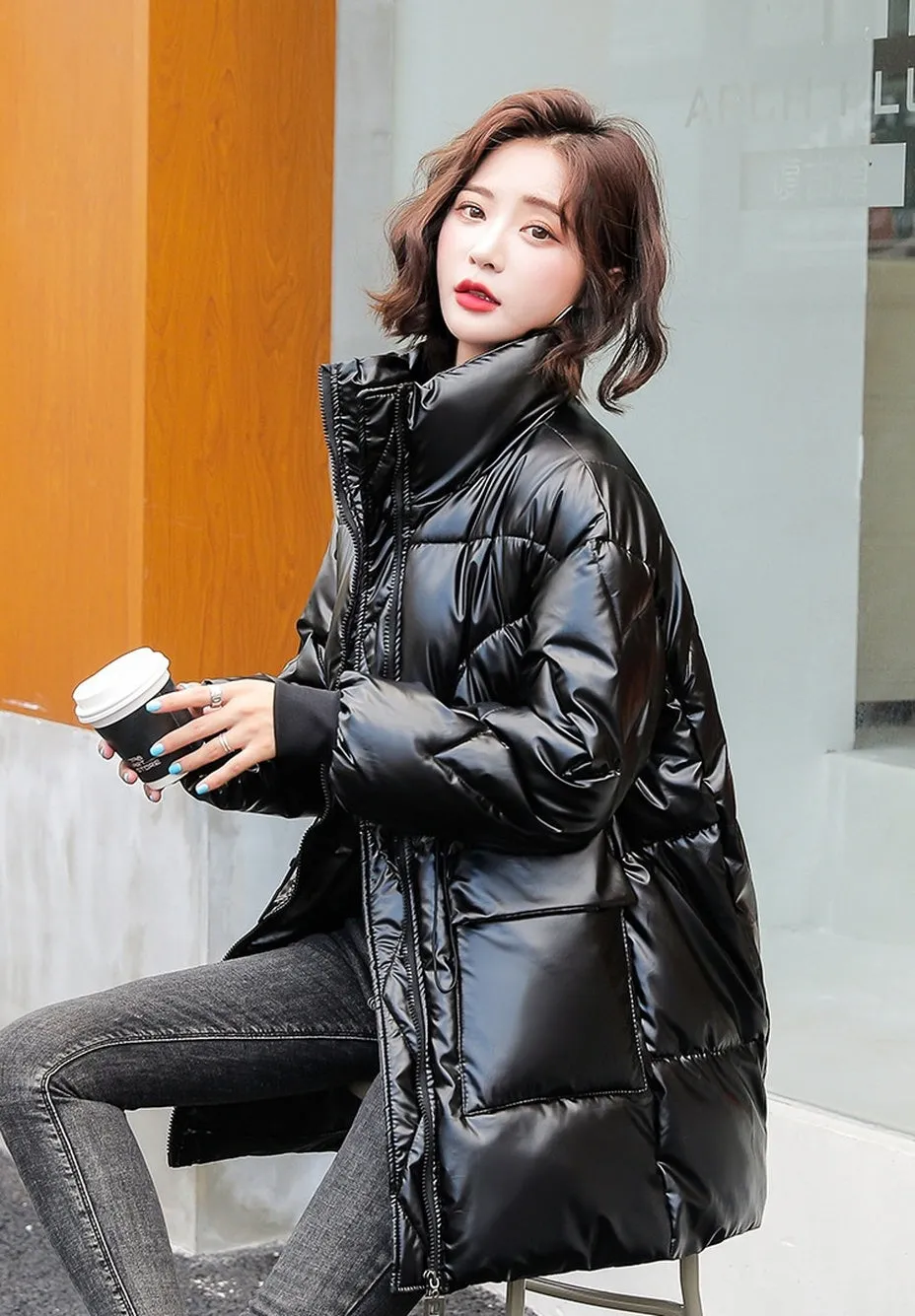 Women's Easy-to-Clean Windproof Puffer Coat with Drawstring Waist