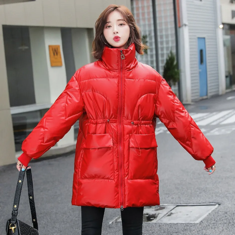 Women's Easy-to-Clean Windproof Puffer Coat with Drawstring Waist