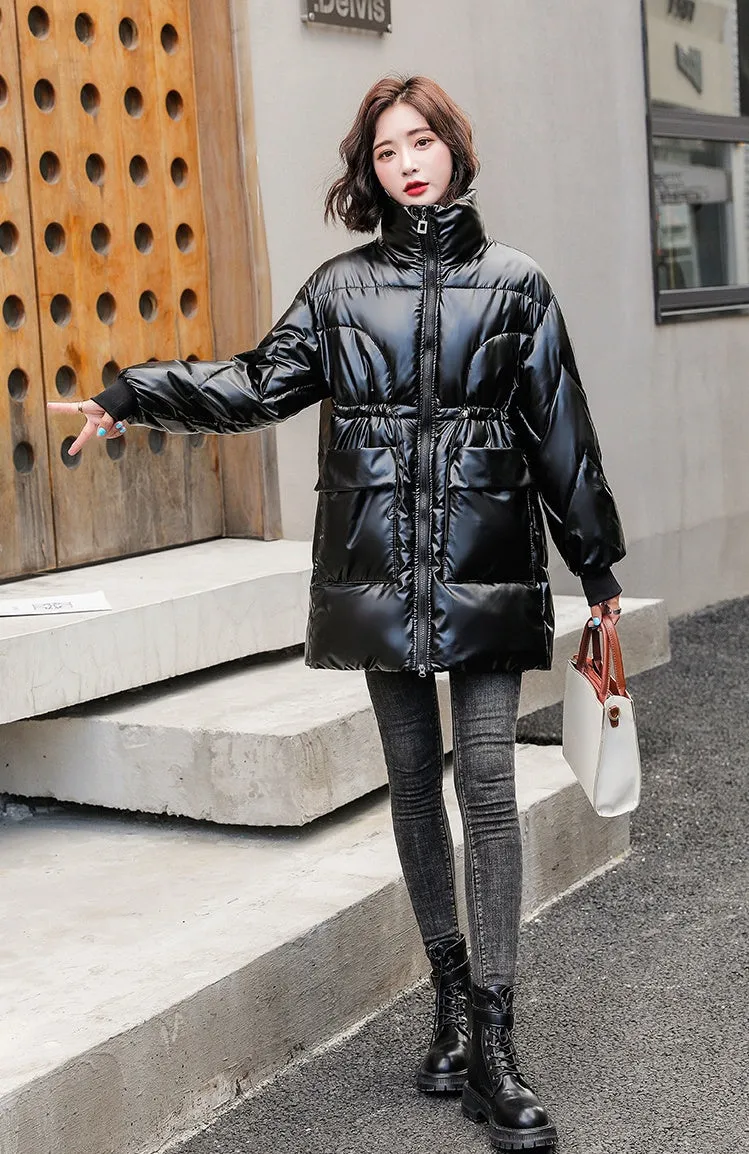Women's Easy-to-Clean Windproof Puffer Coat with Drawstring Waist