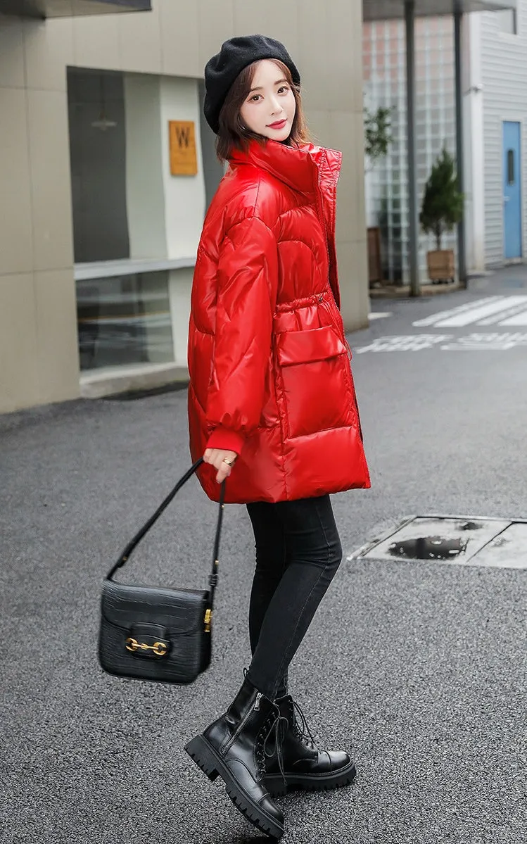Women's Easy-to-Clean Windproof Puffer Coat with Drawstring Waist