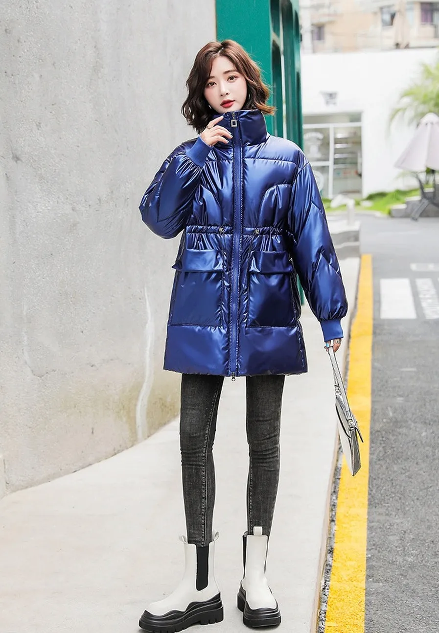 Women's Easy-to-Clean Windproof Puffer Coat with Drawstring Waist