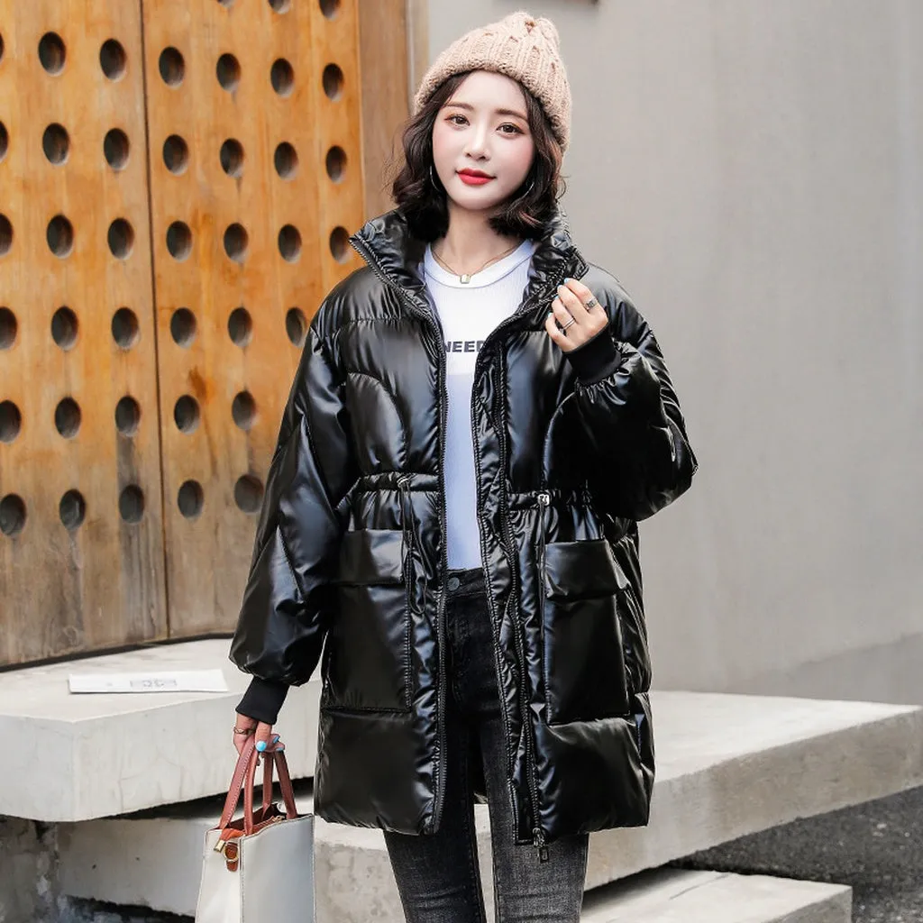 Women's Easy-to-Clean Windproof Puffer Coat with Drawstring Waist