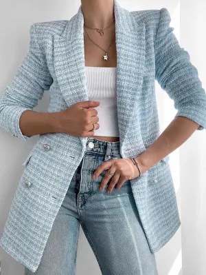 Women's Elegant Mid-Length Light Blue Tweed Blazer with Buttons | Chic All-Season Wear
