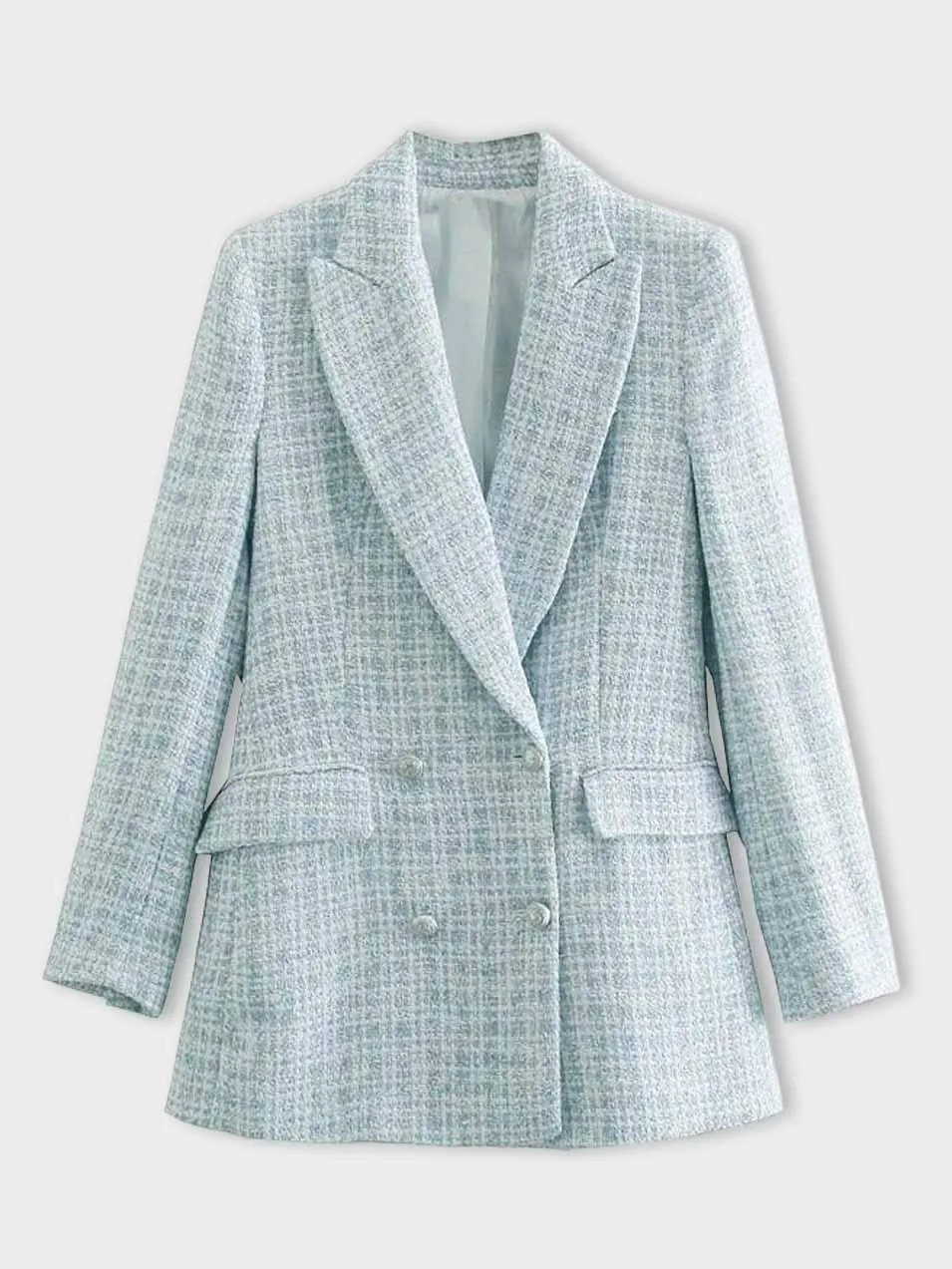 Women's Elegant Mid-Length Light Blue Tweed Blazer with Buttons | Chic All-Season Wear