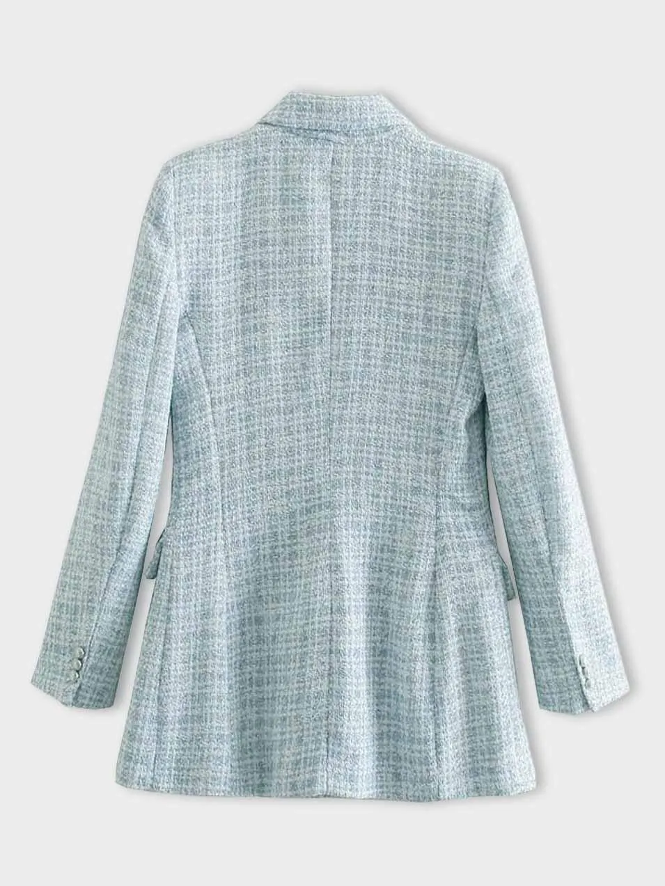 Women's Elegant Mid-Length Light Blue Tweed Blazer with Buttons | Chic All-Season Wear
